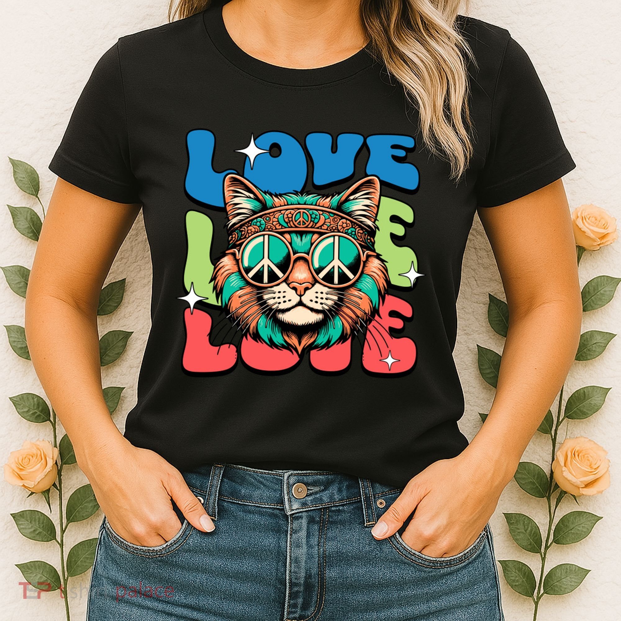 Love Hippie Cat Retro 80s Peace Women's T-Shirt