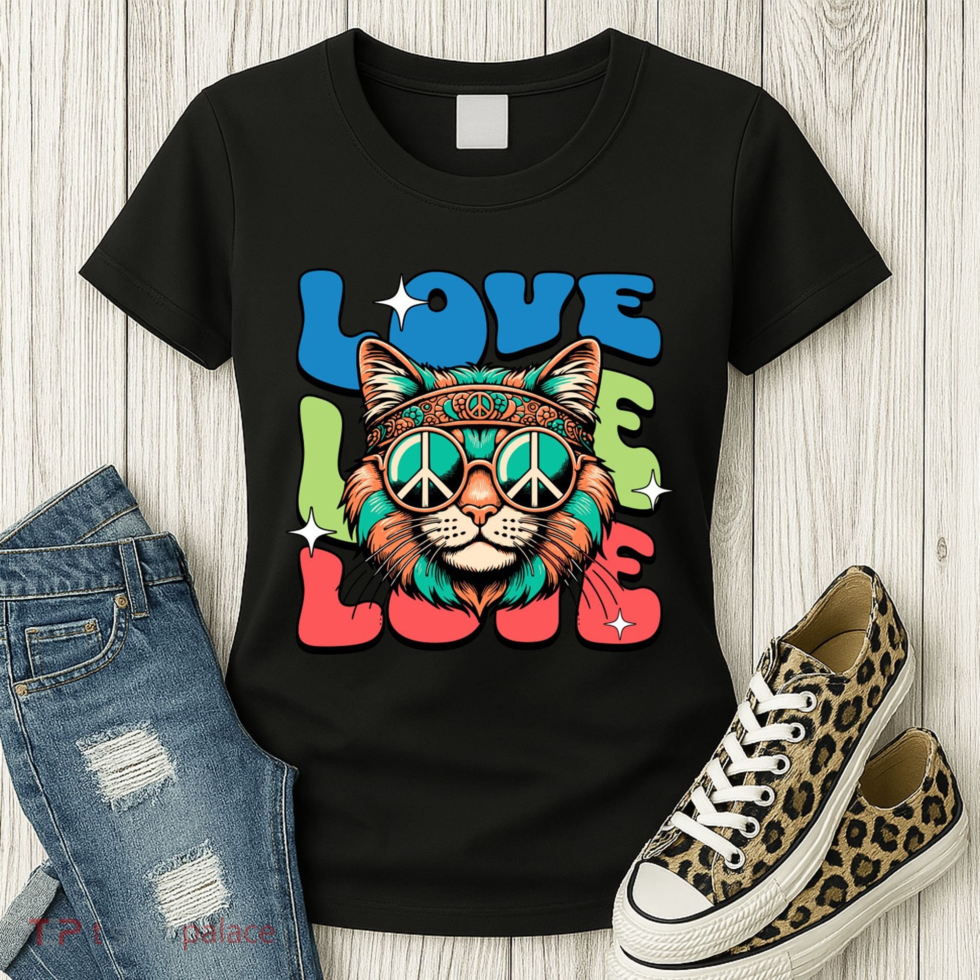 Love Hippie Cat Retro 80s Peace Women's T-Shirt