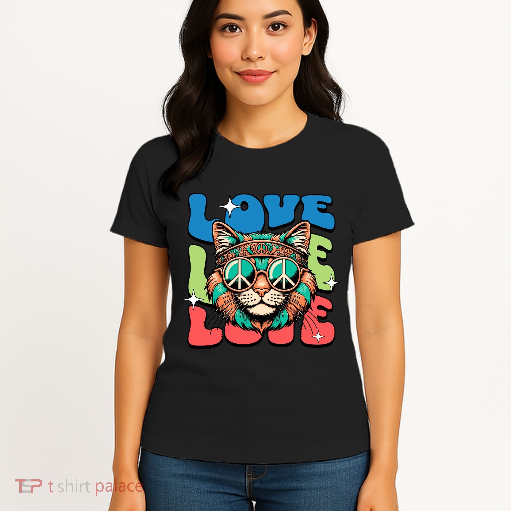 Love Hippie Cat Retro 80s Peace Women's T-Shirt