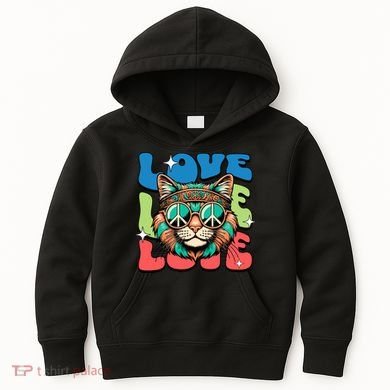 Love Hippie Cat Retro 80s Peace Kids Hoodie