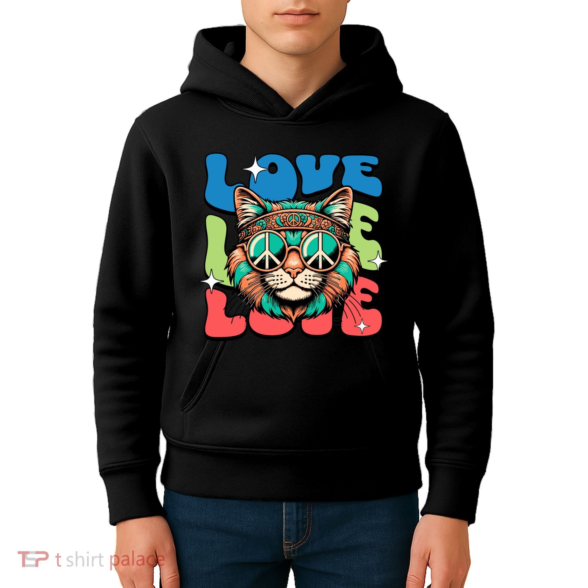 Love Hippie Cat Retro 80s Peace Kids Hoodie