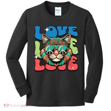 Love Hippie Cat Retro 80s Peace Kids Long Sleeve Shirt