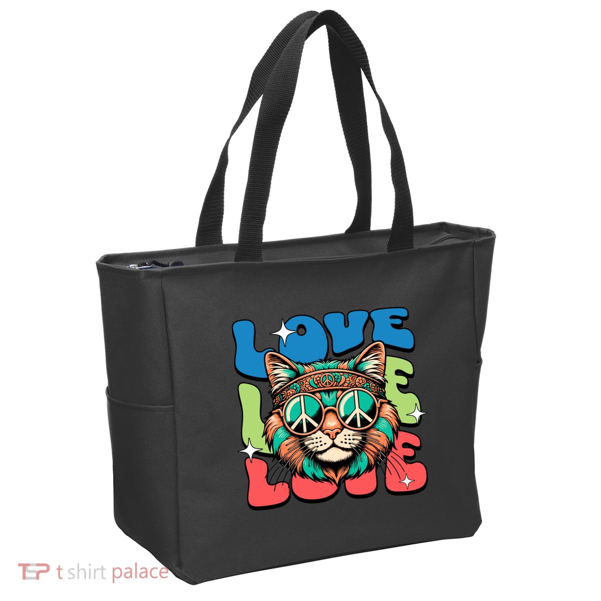 Love Hippie Cat Retro 80s Peace Tote Bag