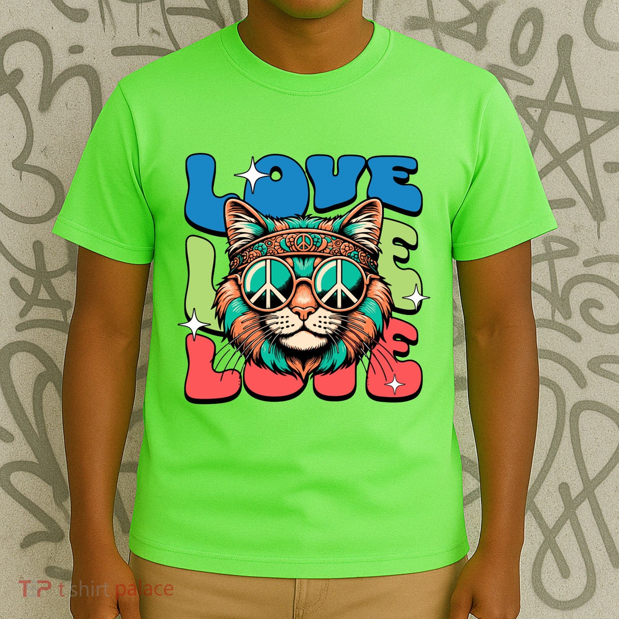 Love Hippie Cat Retro 80s Peace T-Shirt