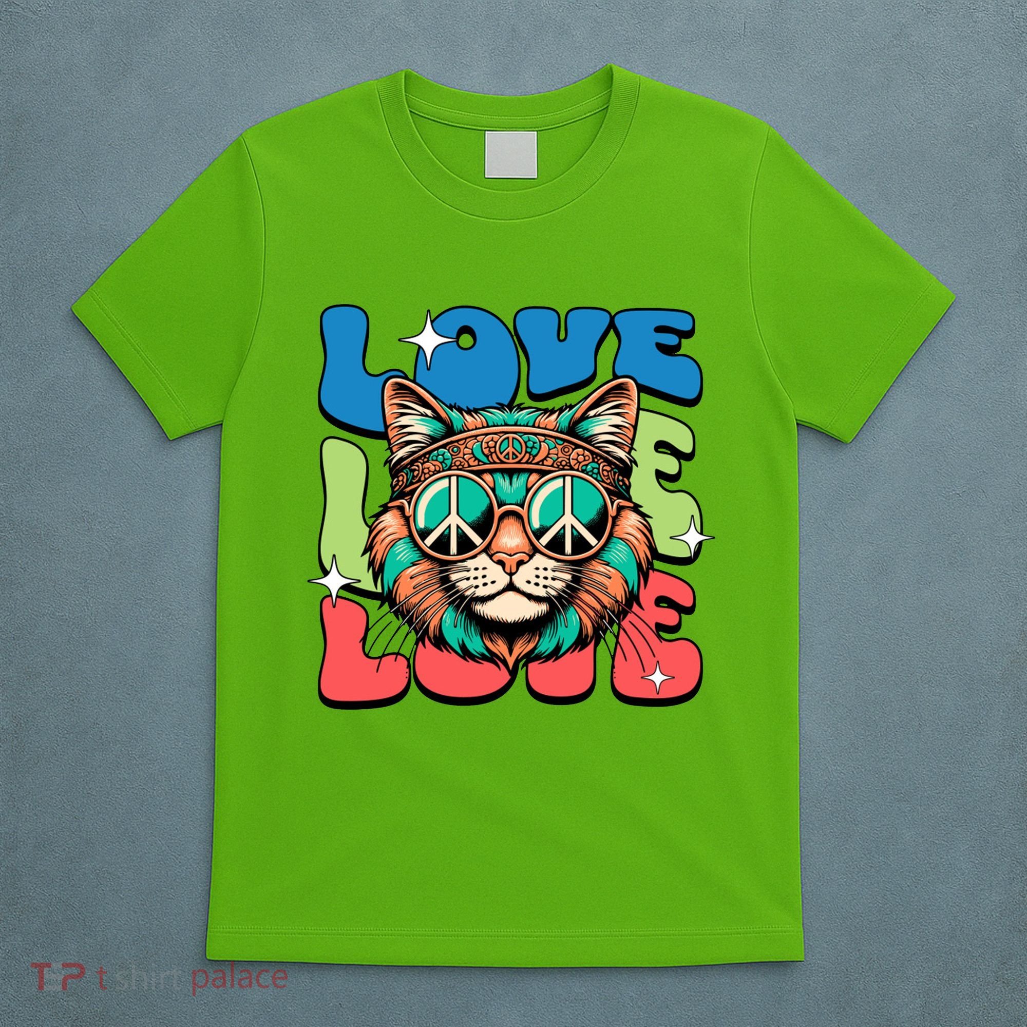 Love Hippie Cat Retro 80s Peace T-Shirt