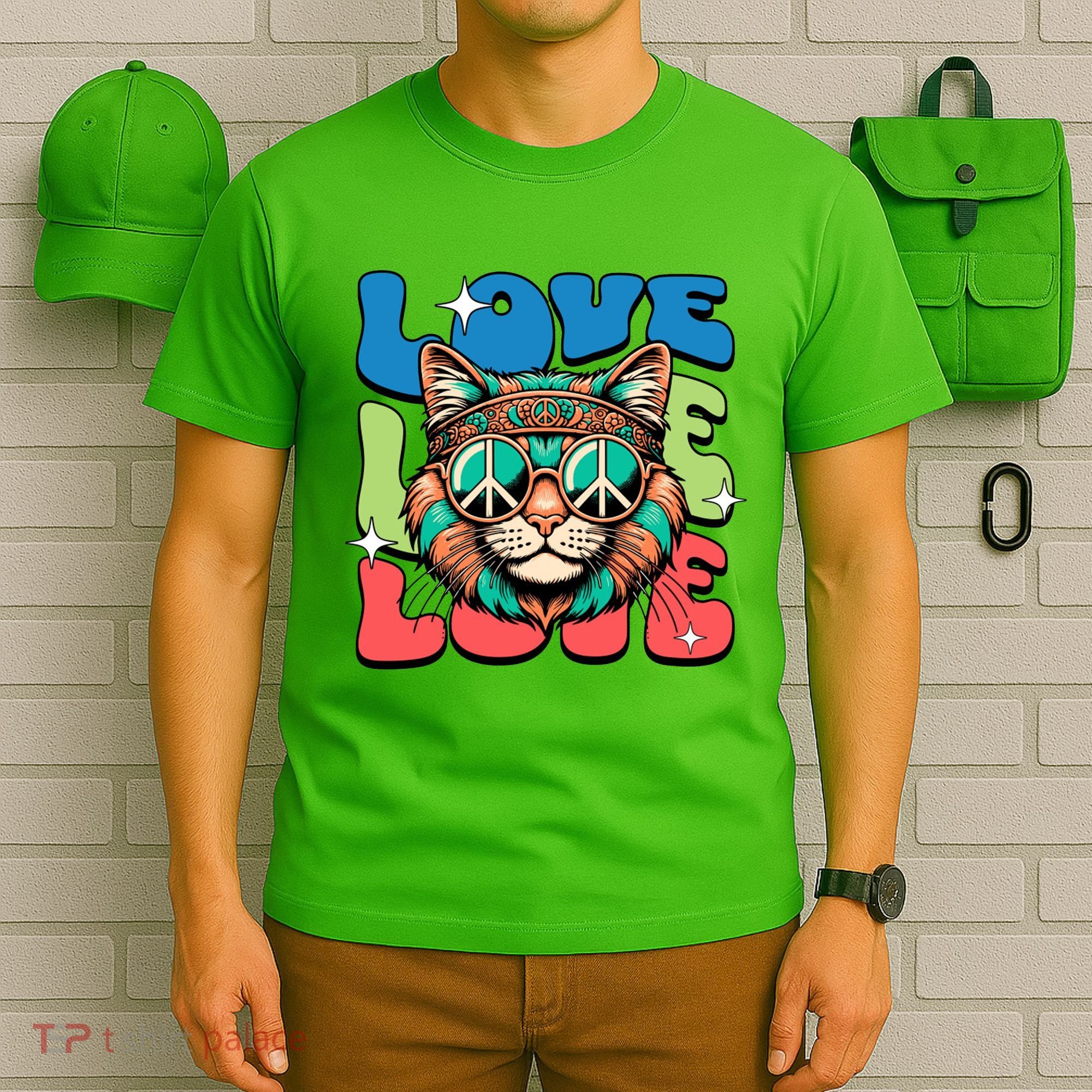 Love Hippie Cat Retro 80s Peace T-Shirt