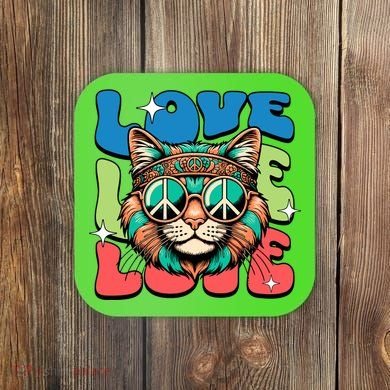 Love Hippie Cat Retro 80s Peace Coaster