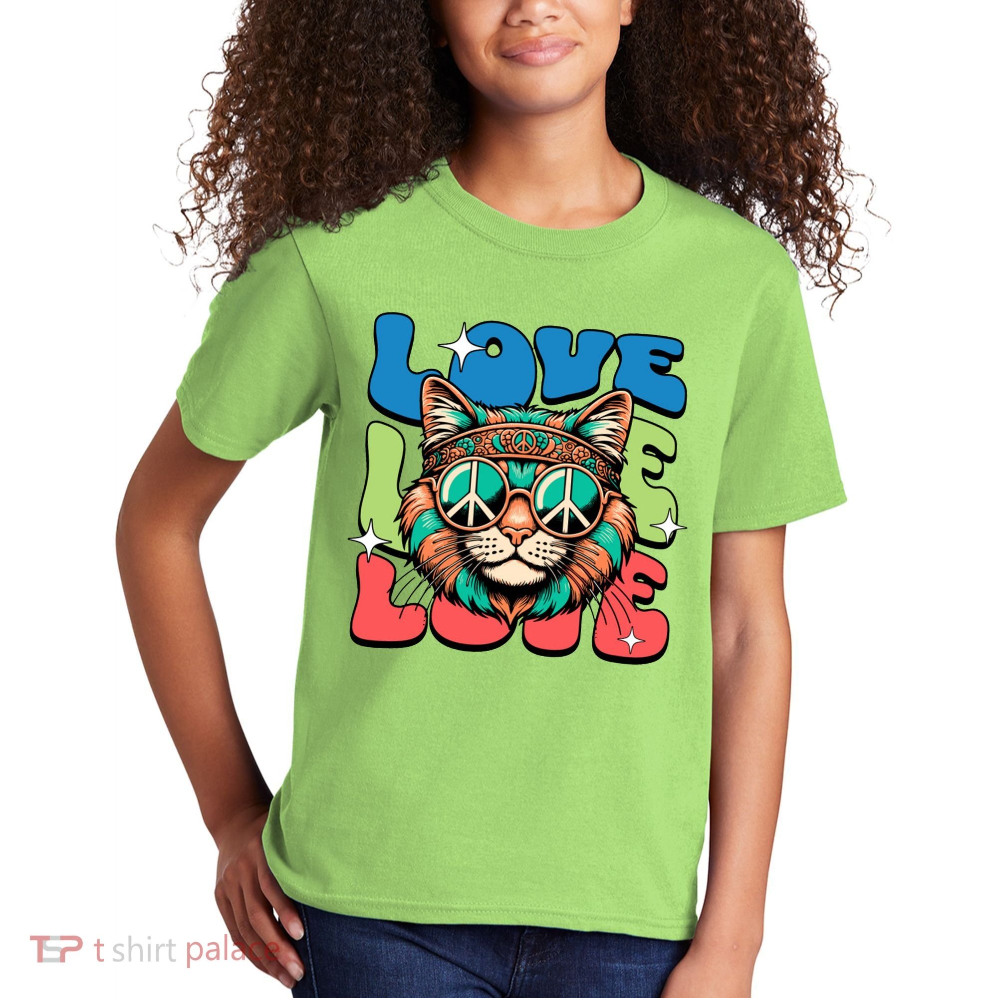 Love Hippie Cat Retro 80s Peace Kids T-Shirt