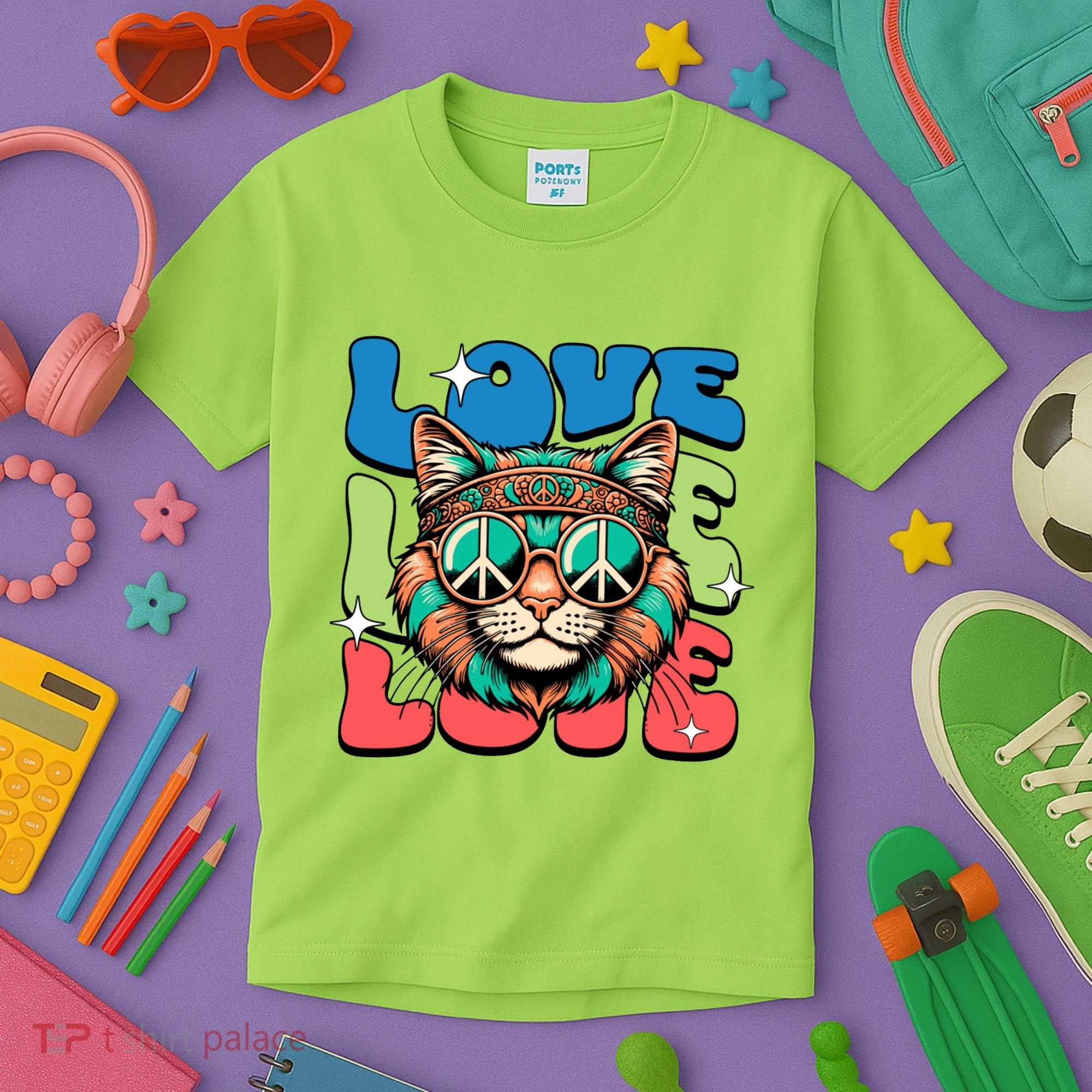 Love Hippie Cat Retro 80s Peace Kids T-Shirt