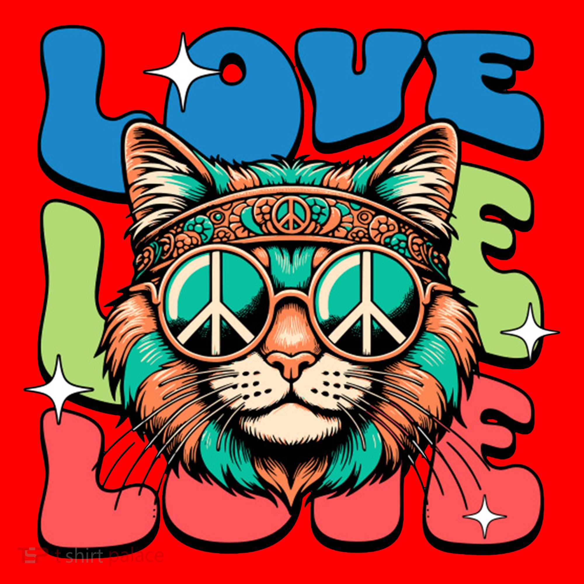 Love Hippie Cat Retro 80s Peace Santa Hat
