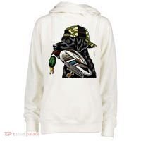Labrador Hunting Dog With Duck Hello Hunting Season Womens Funnel Neck Pullover Hood thumb 0