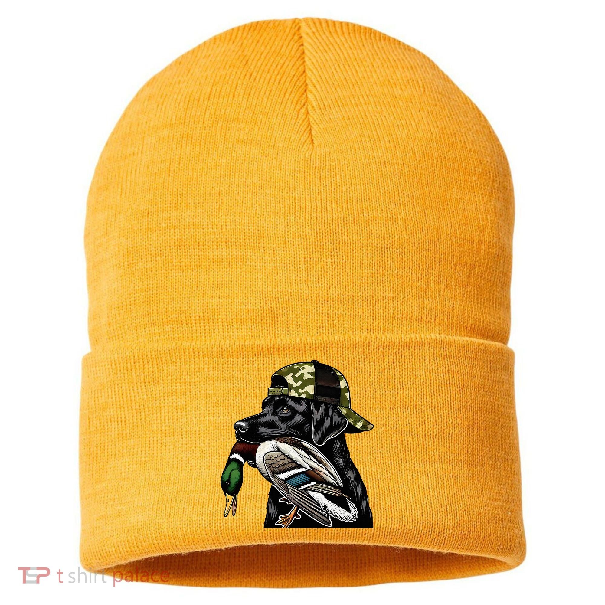 Labrador Hunting Dog With Duck Hello Hunting Season Sustainable Knit Beanie