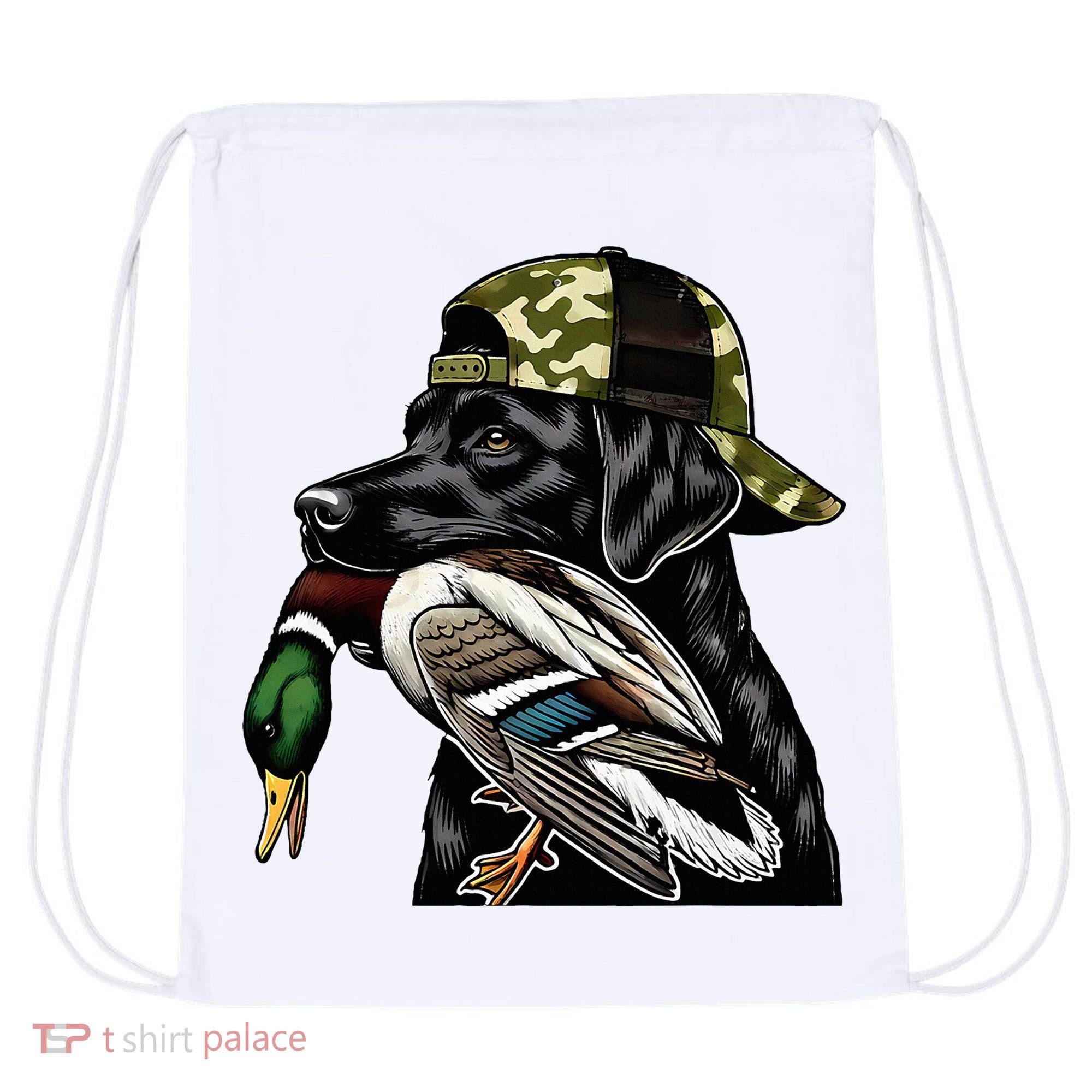 Labrador Hunting Dog With Duck Hello Hunting Season Drawstring Bag