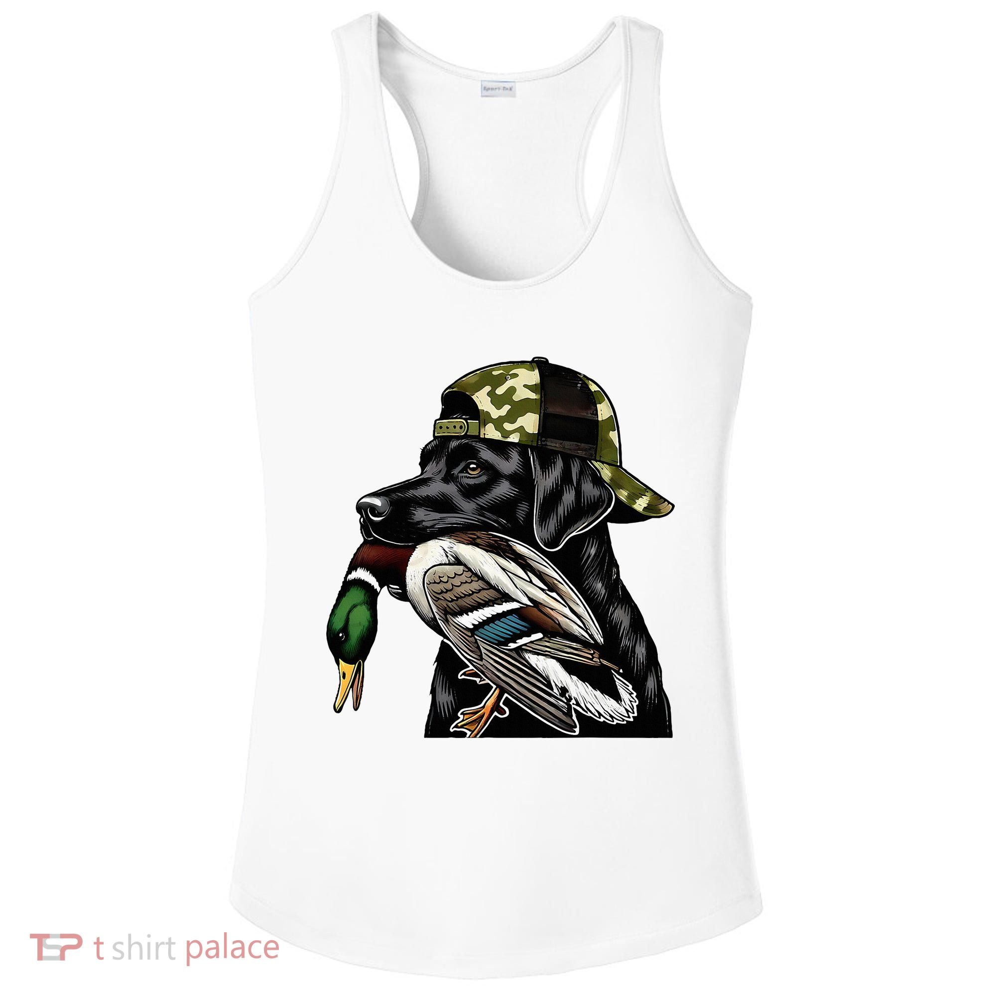 Labrador Hunting Dog With Duck Hello Hunting Season Ladies PosiCharge Competitor Racerback Tank
