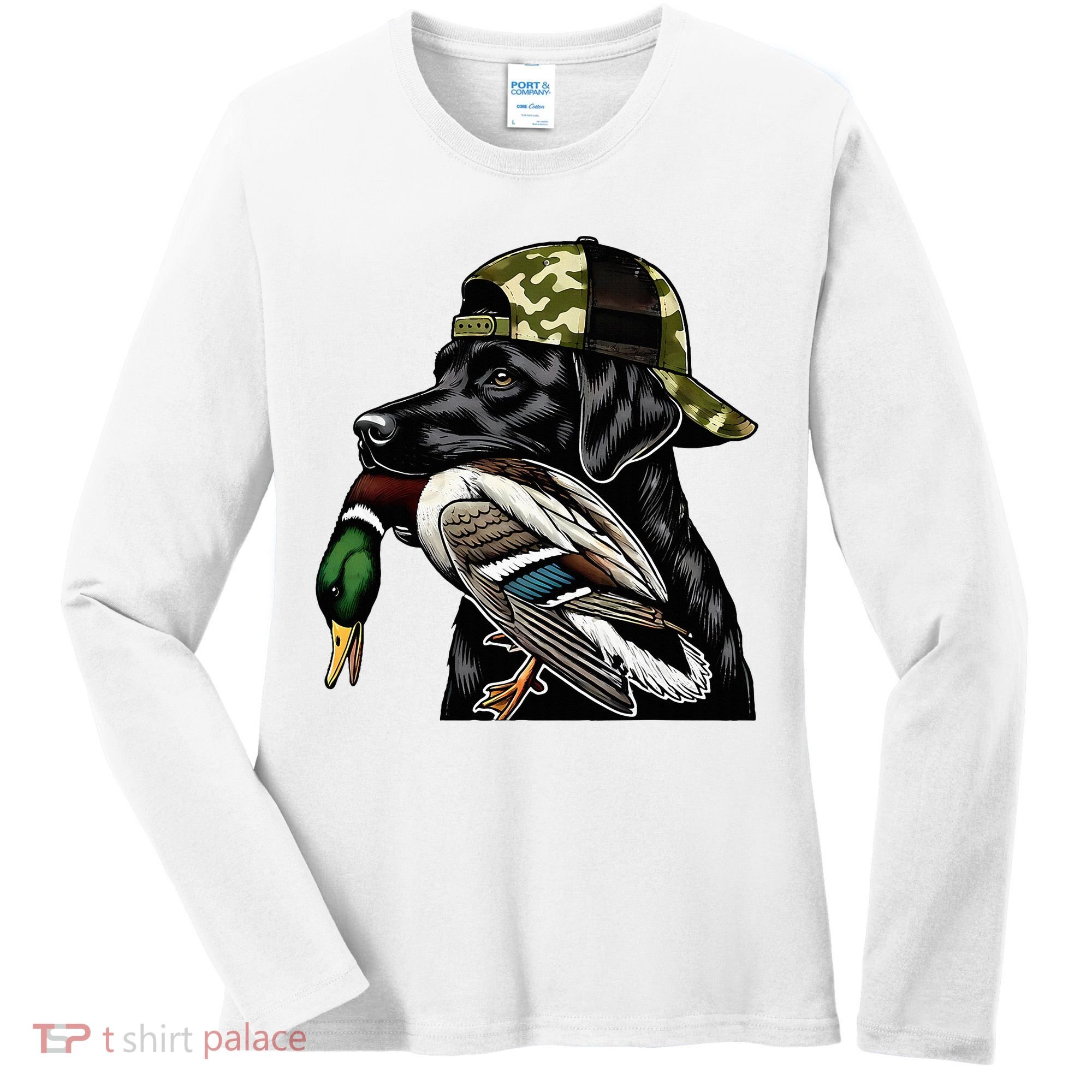 Labrador Hunting Dog With Duck Hello Hunting Season Women's Long Sleeve Shirt