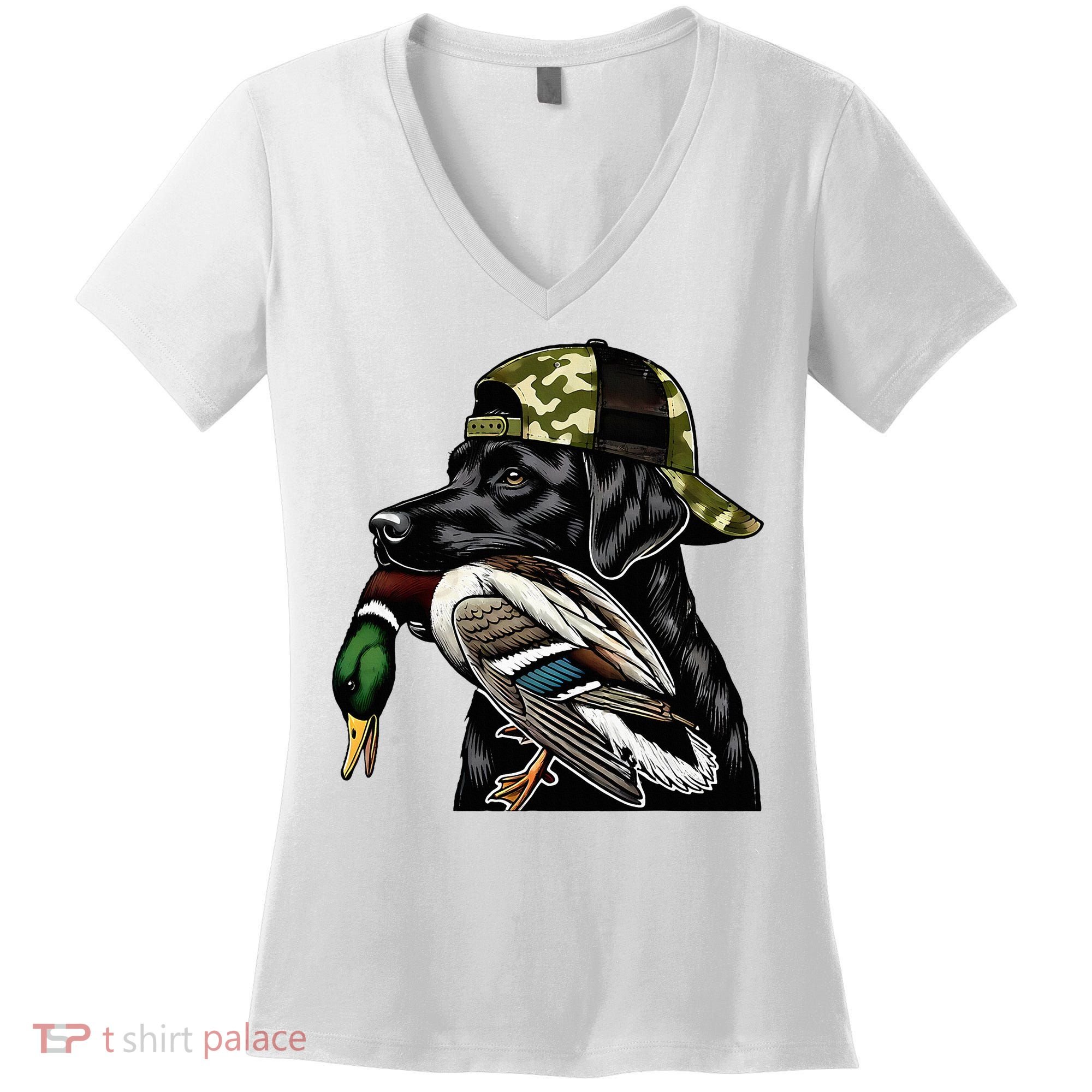 Labrador Hunting Dog With Duck Hello Hunting Season Women's V-Neck T-Shirt