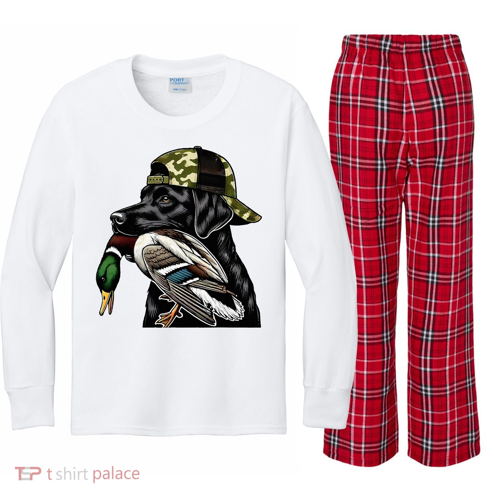 Labrador Hunting Dog With Duck Hello Hunting Season Kids Long Sleeve Plaid Pajama Set