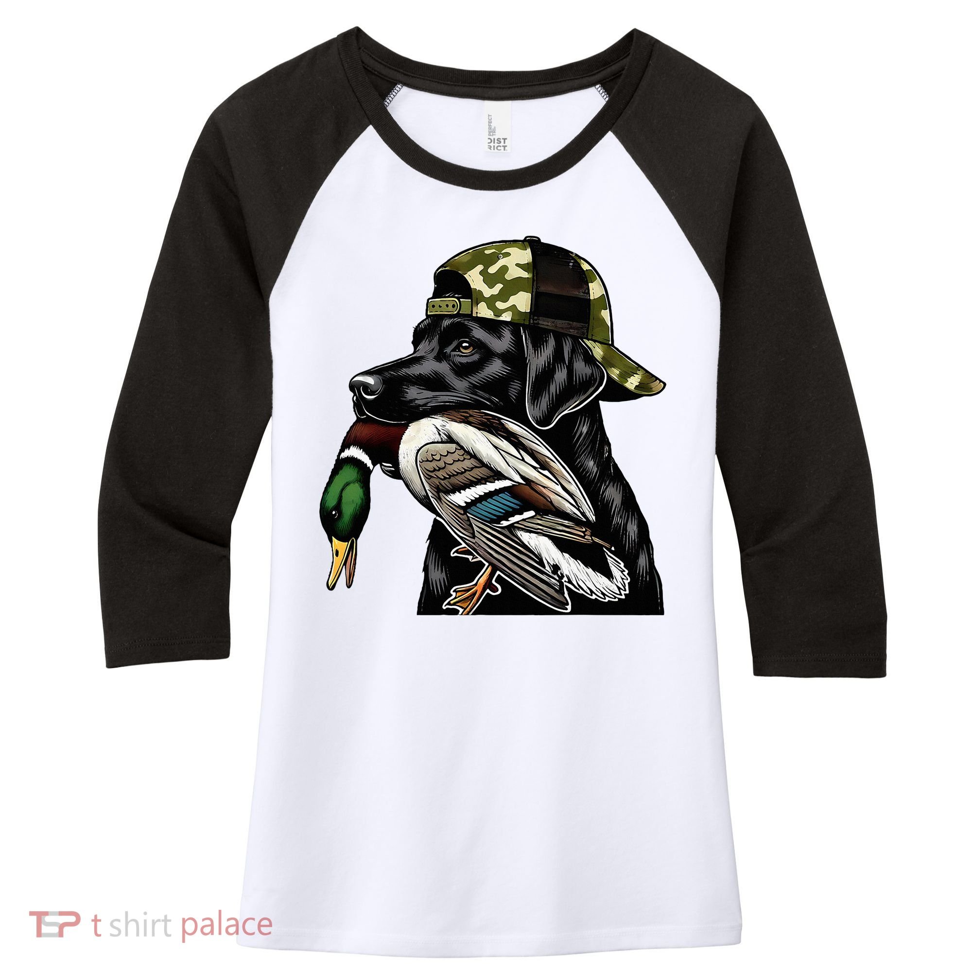 Labrador Hunting Dog With Duck Hello Hunting Season Women's Tri-Blend 3/4-Sleeve Raglan Shirt