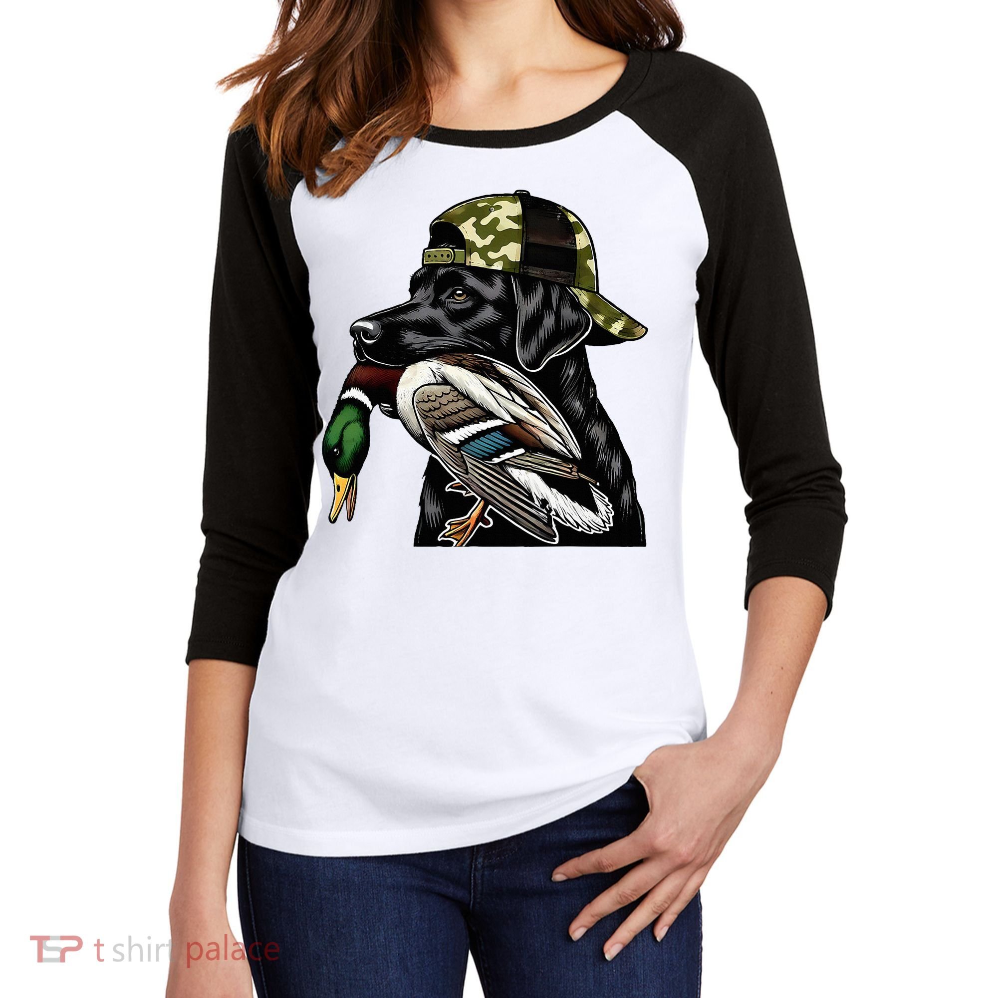 Labrador Hunting Dog With Duck Hello Hunting Season Women's Tri-Blend 3/4-Sleeve Raglan Shirt