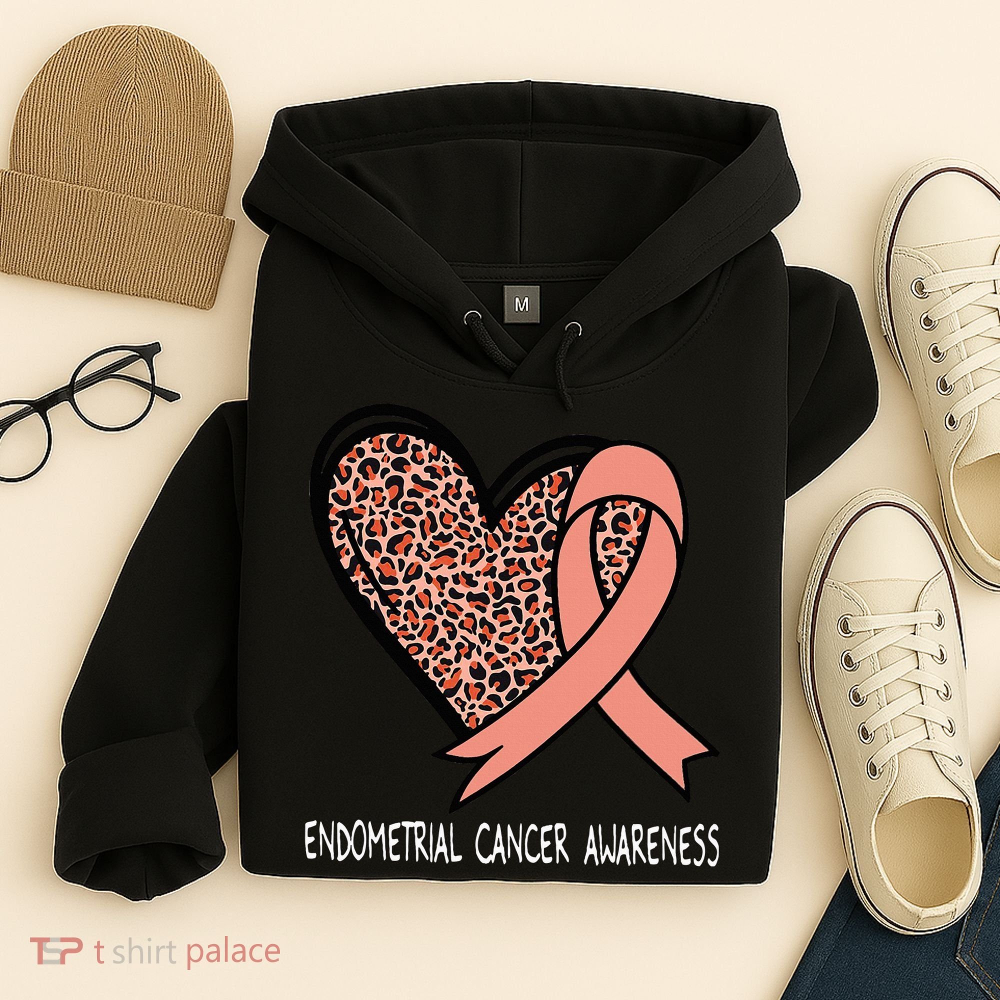 Leopard Heart Endometrial Cancer Awareness Peach Hoodie