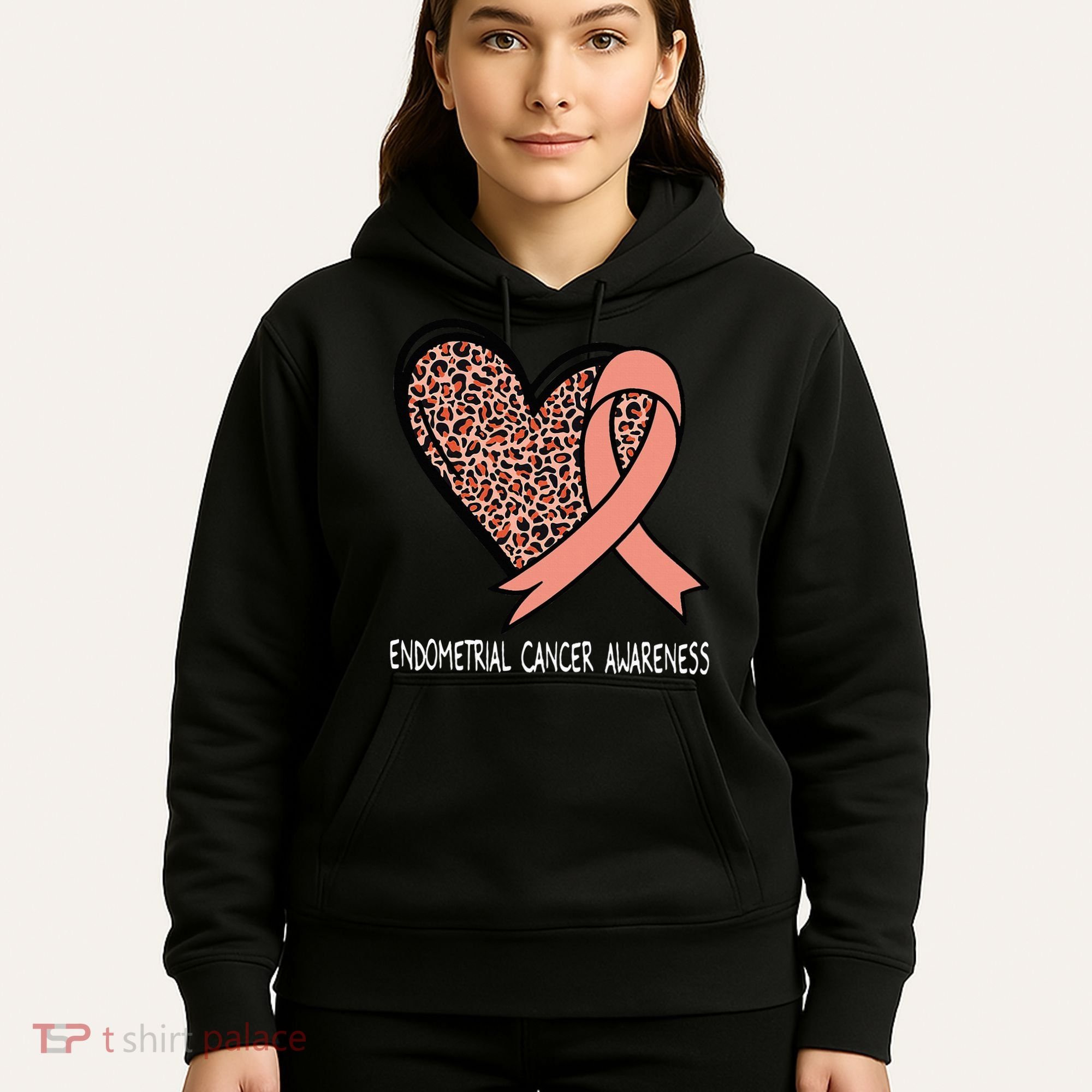Leopard Heart Endometrial Cancer Awareness Peach Hoodie