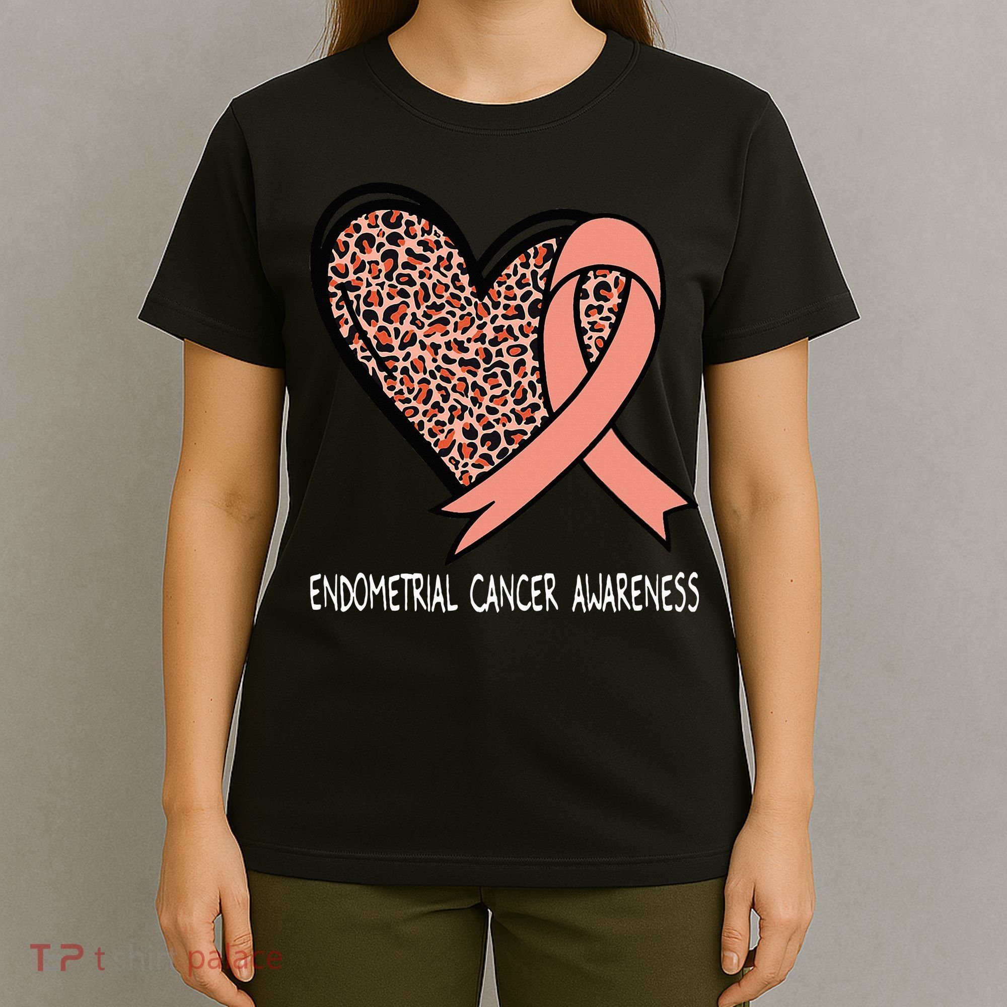 Leopard Heart Endometrial Cancer Awareness Peach T-Shirt