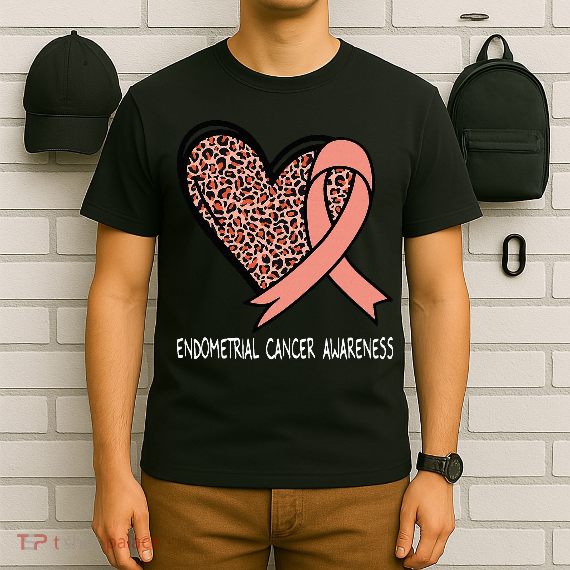 Leopard Heart Endometrial Cancer Awareness Peach T-Shirt