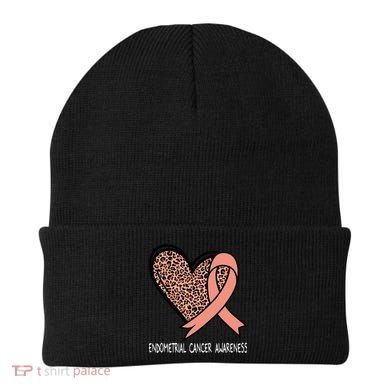 Leopard Heart Endometrial Cancer Awareness Peach Beanie