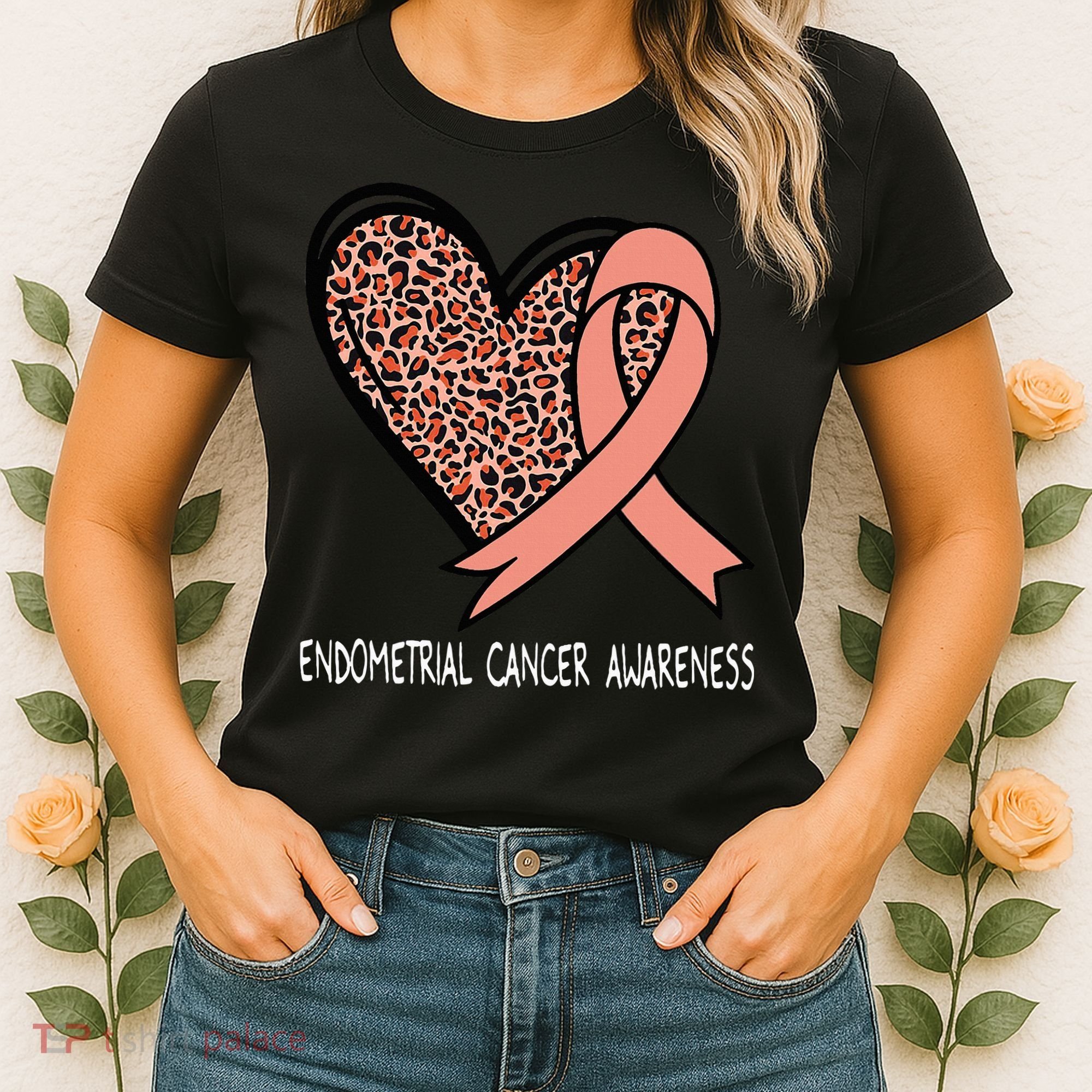Leopard Heart Endometrial Cancer Awareness Peach Women's T-Shirt