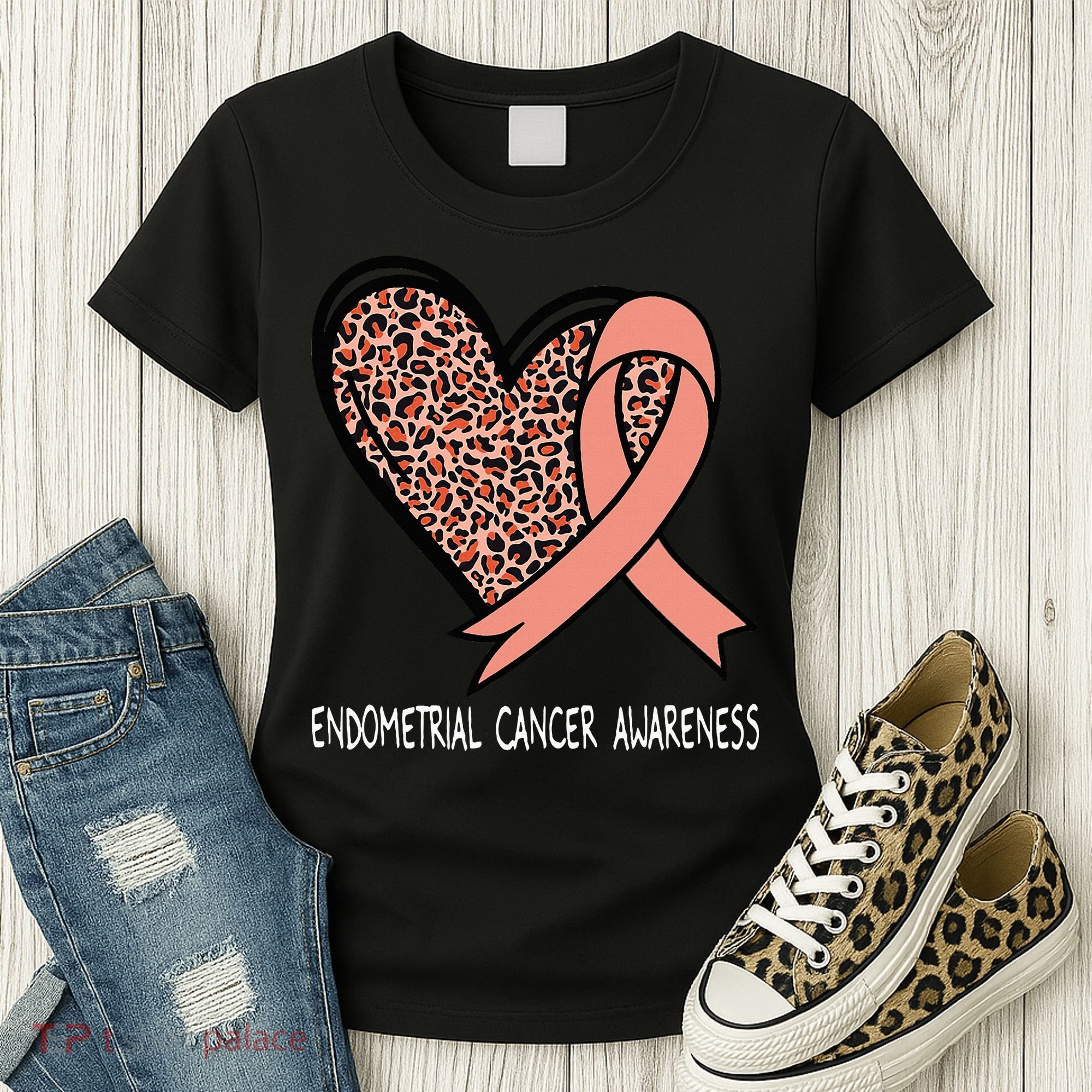Leopard Heart Endometrial Cancer Awareness Peach Women's T-Shirt