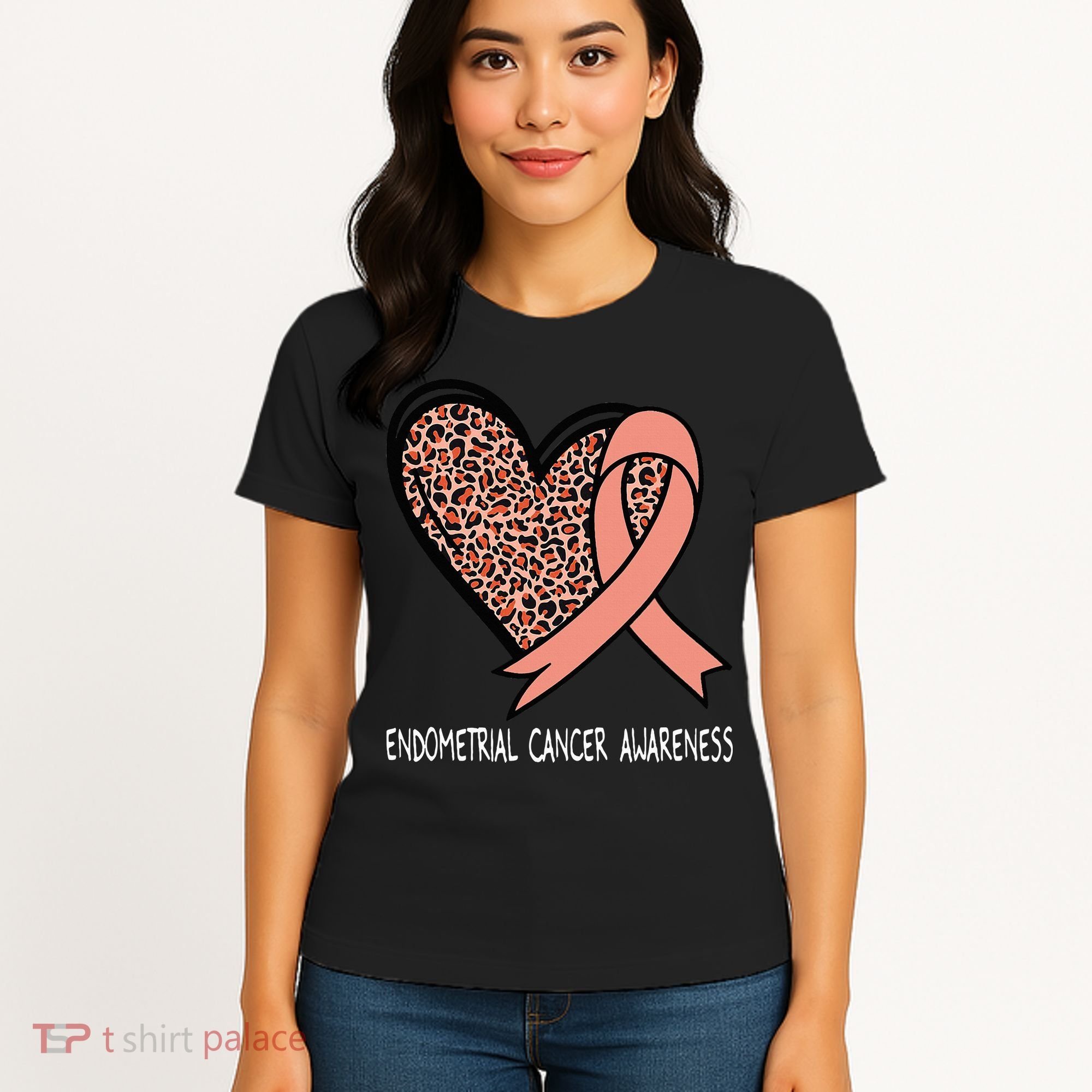 Leopard Heart Endometrial Cancer Awareness Peach Women's T-Shirt