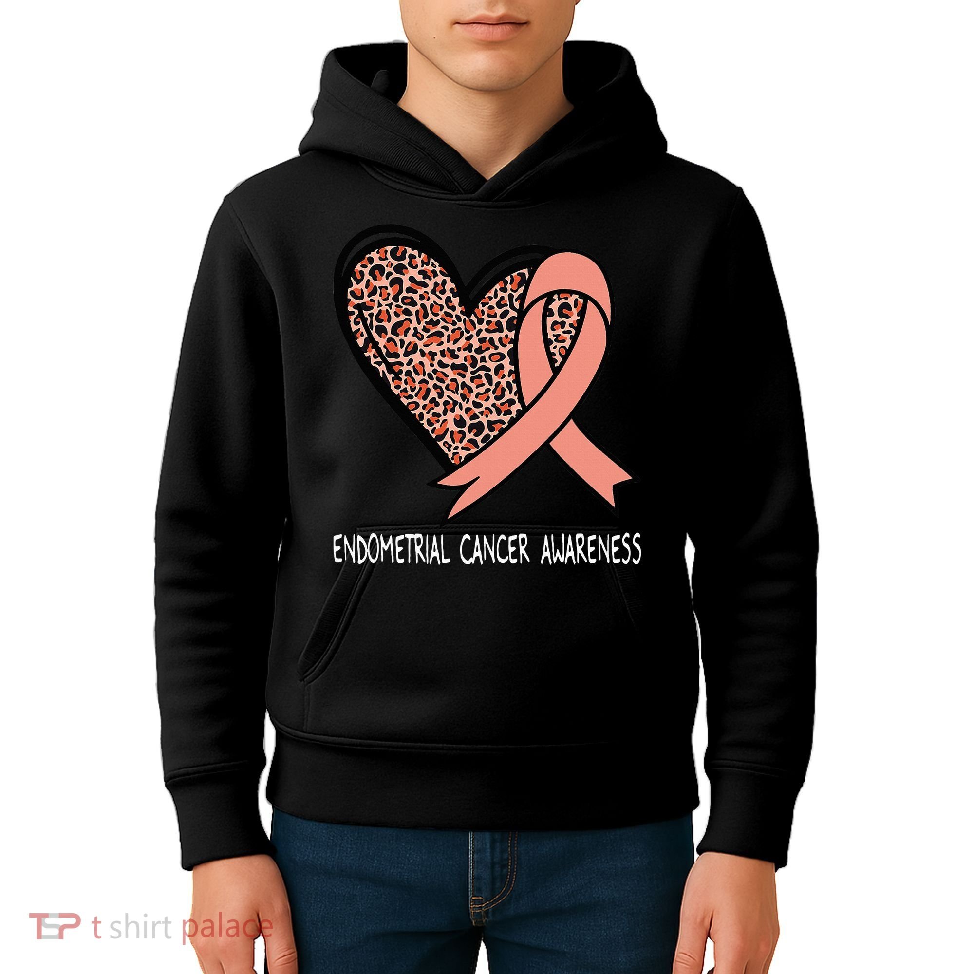 Leopard Heart Endometrial Cancer Awareness Peach Kids Hoodie