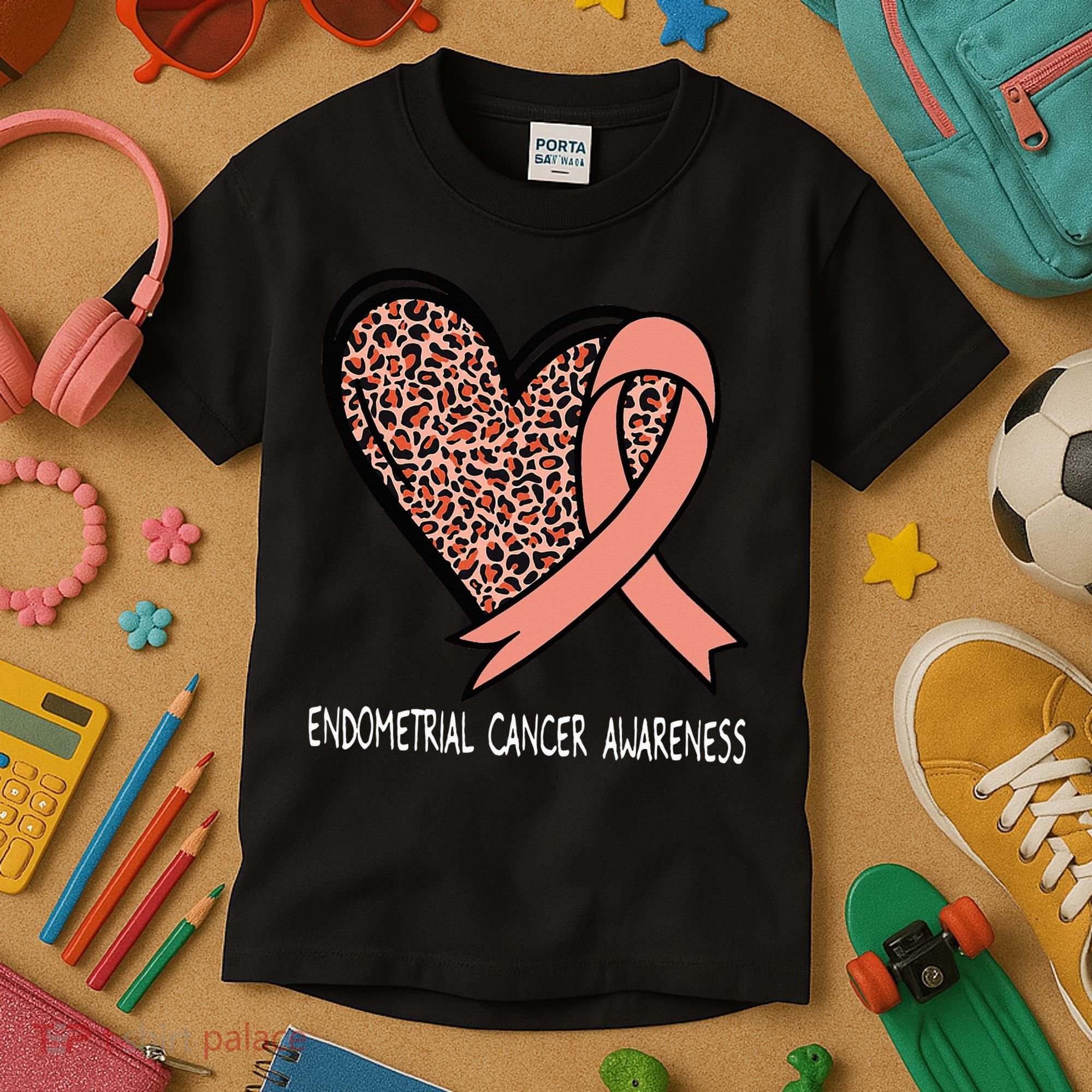 Leopard Heart Endometrial Cancer Awareness Peach Kids T-Shirt