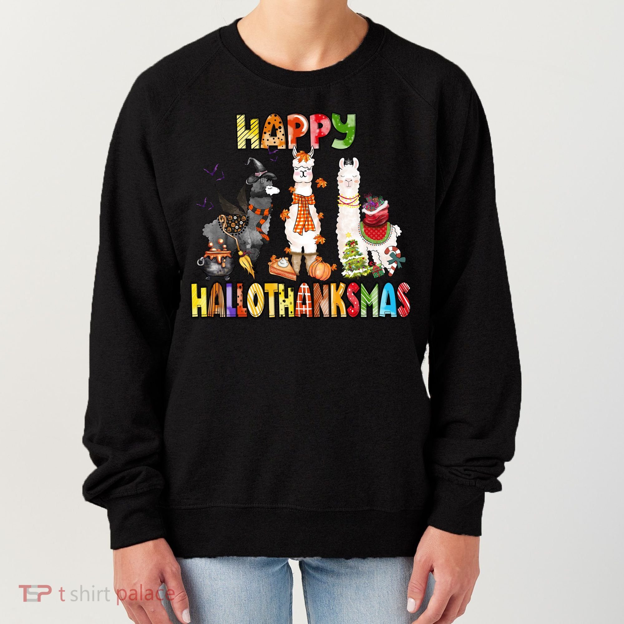 Llama Happy Hallothanksmas Halloween Thanksgiving Xmas Women's Sweatshirt