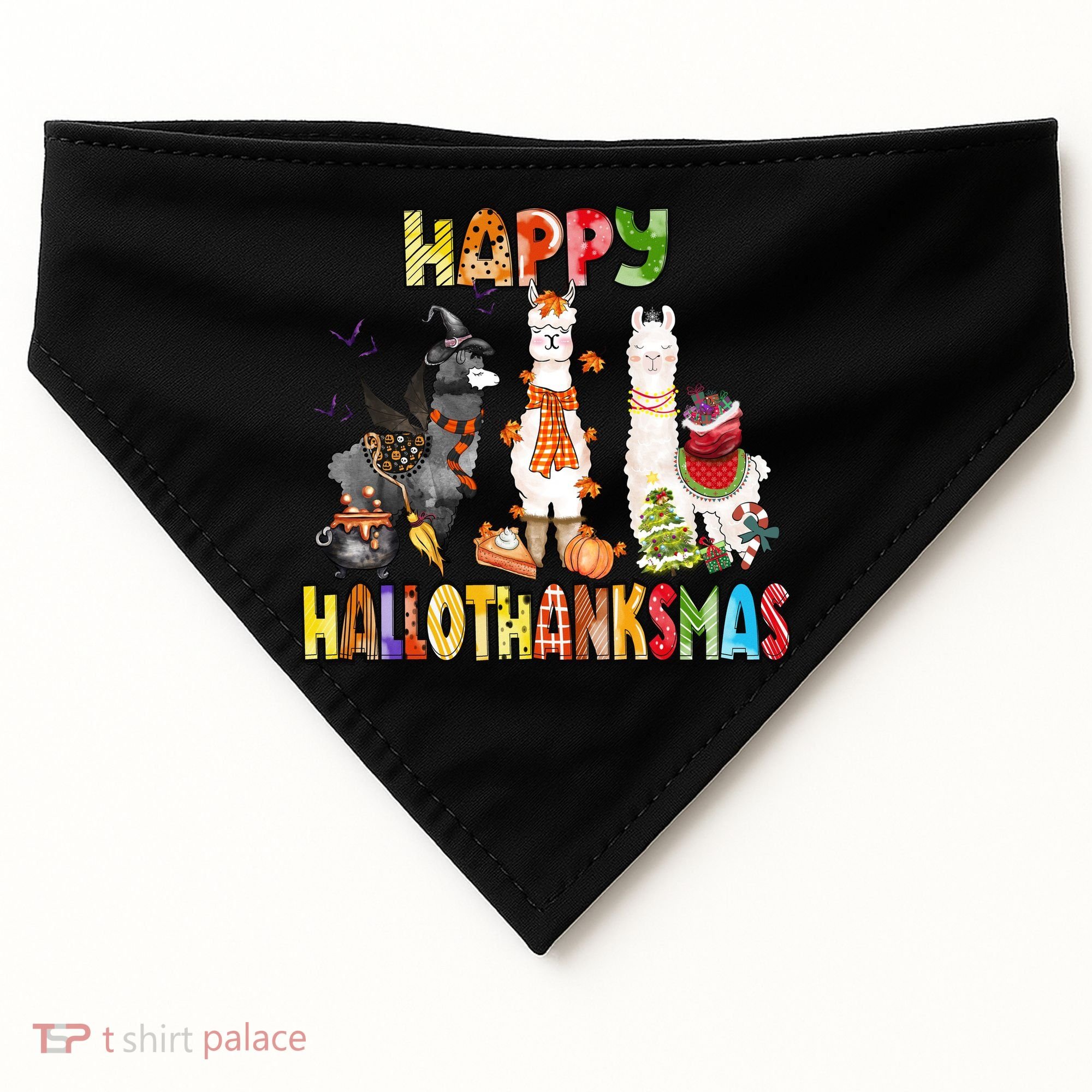 Llama Happy Hallothanksmas Halloween Thanksgiving Xmas USA-Made Doggie Bandana