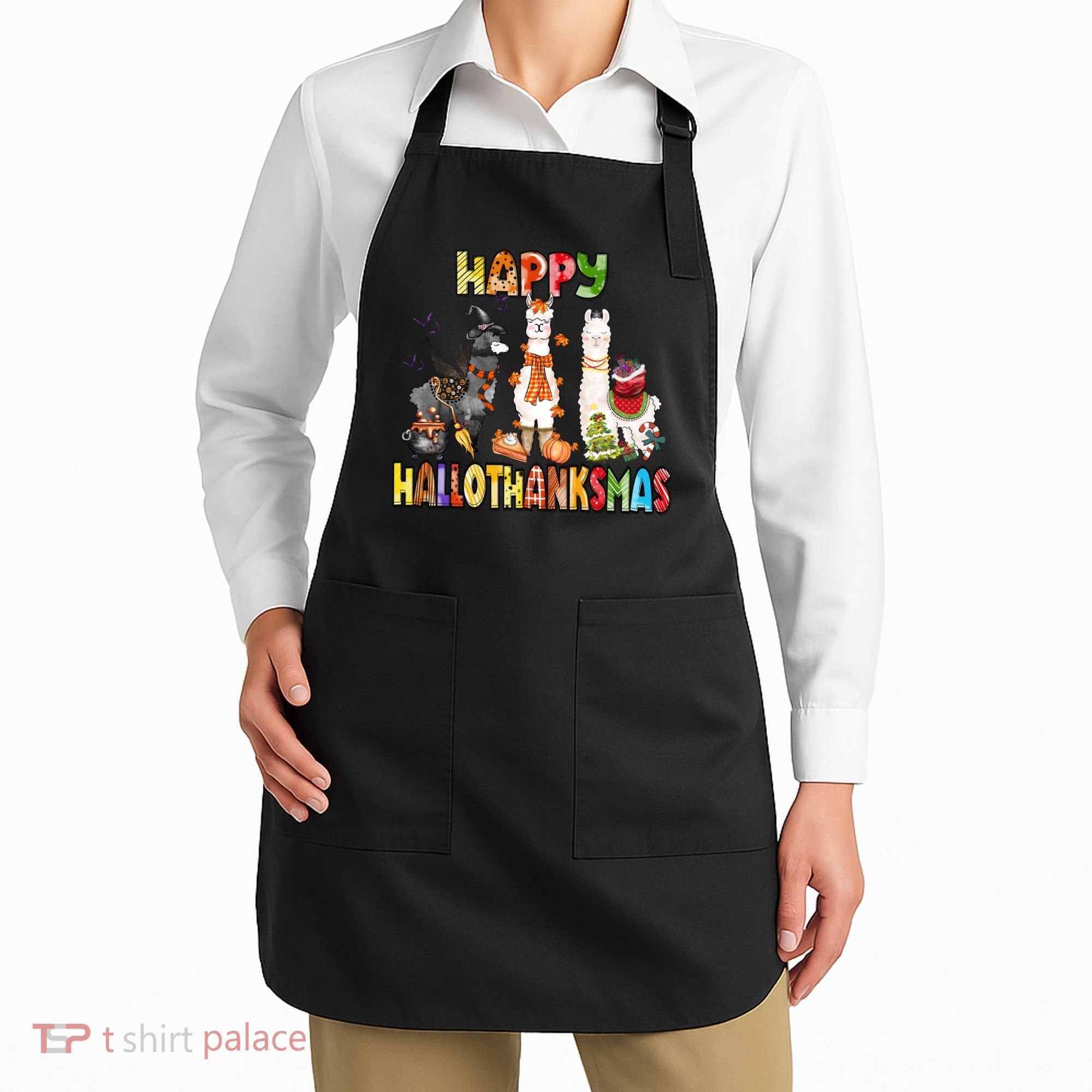 Llama Happy Hallothanksmas Halloween Thanksgiving Xmas Apron
