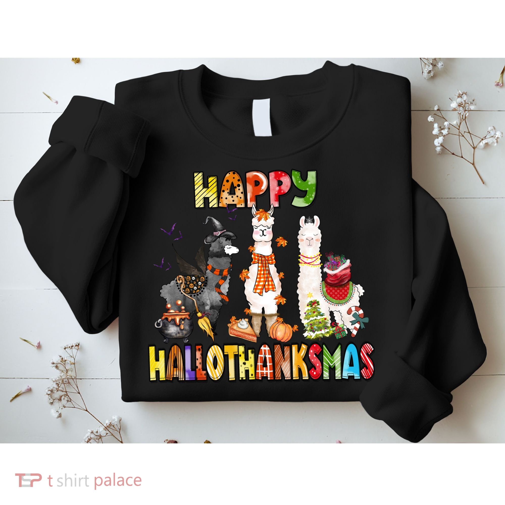 Llama Happy Hallothanksmas Halloween Thanksgiving Xmas Sweatshirt