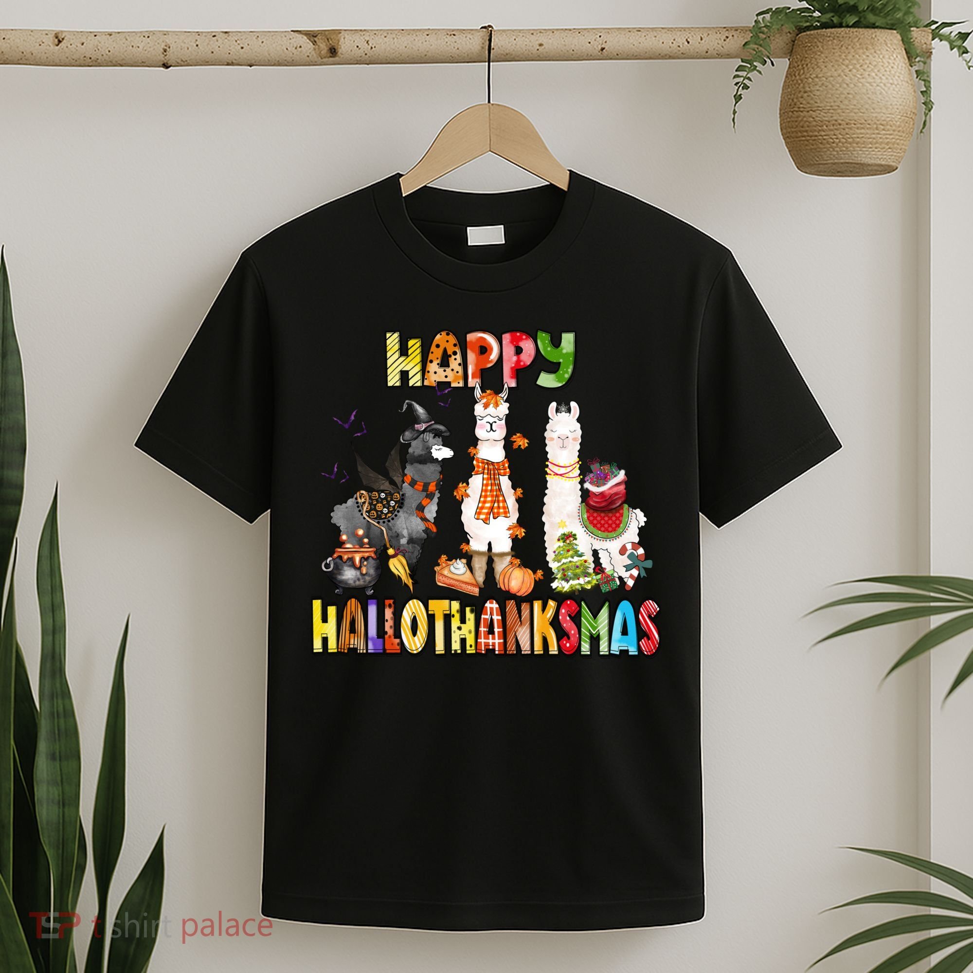 Llama Happy Hallothanksmas Halloween Thanksgiving Xmas T-Shirt