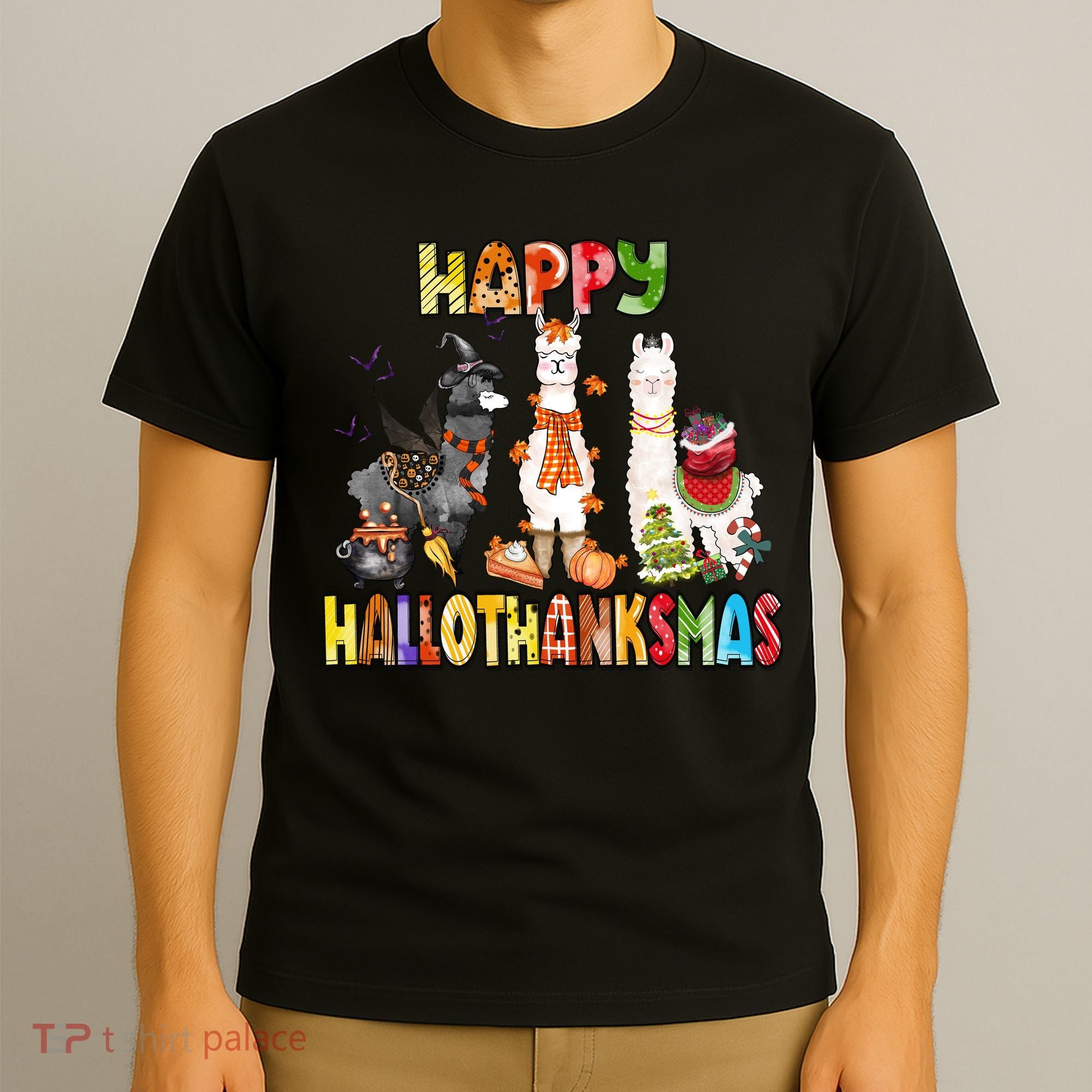 Llama Happy Hallothanksmas Halloween Thanksgiving Xmas T-Shirt