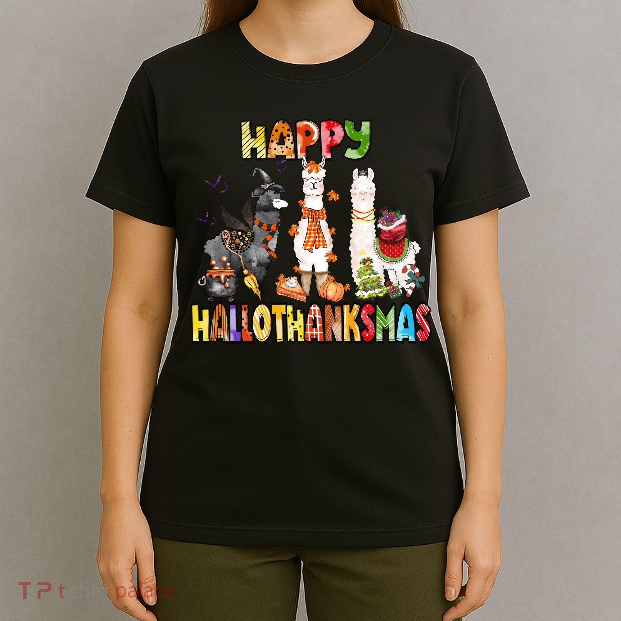 Llama Happy Hallothanksmas Halloween Thanksgiving Xmas T-Shirt