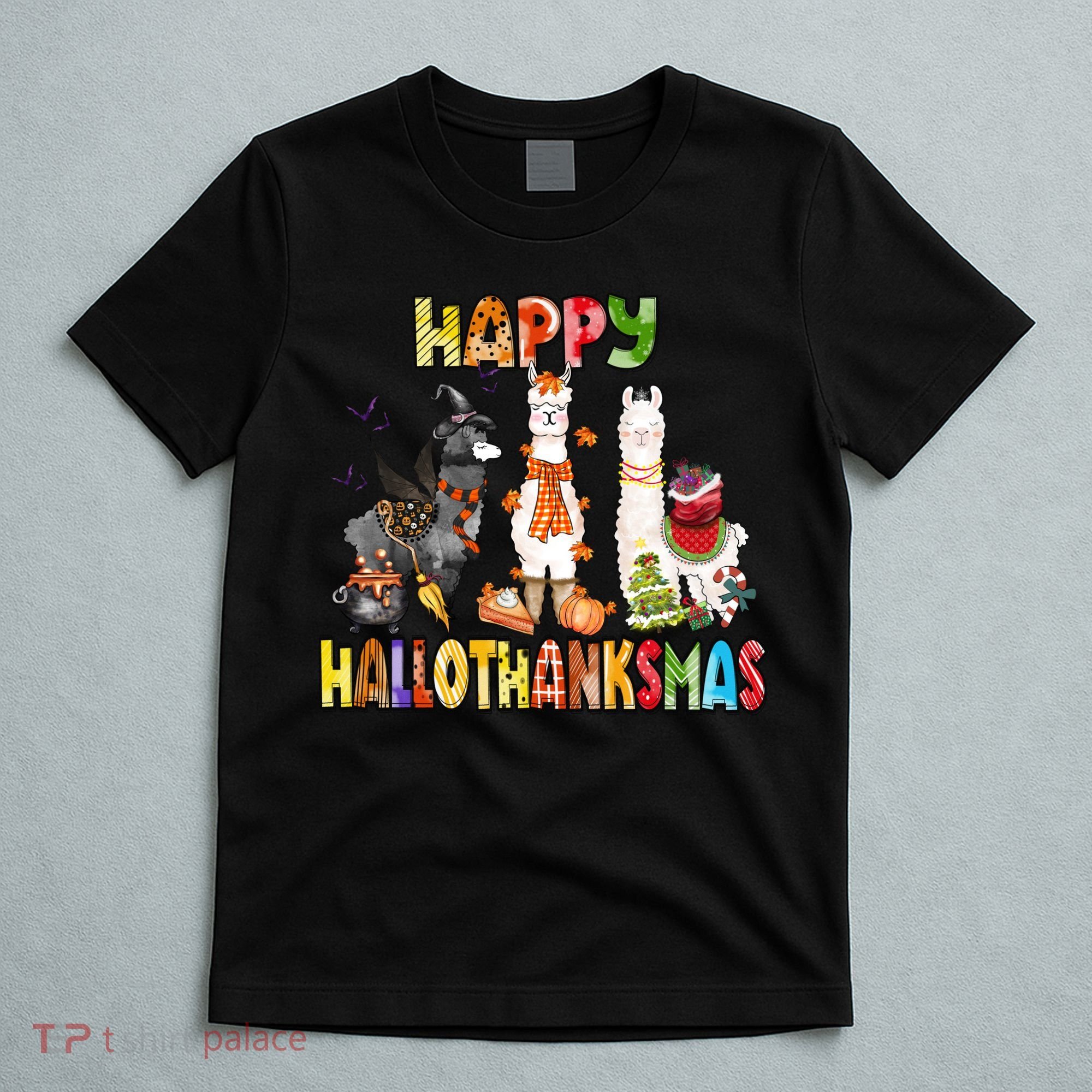 Llama Happy Hallothanksmas Halloween Thanksgiving Xmas T-Shirt