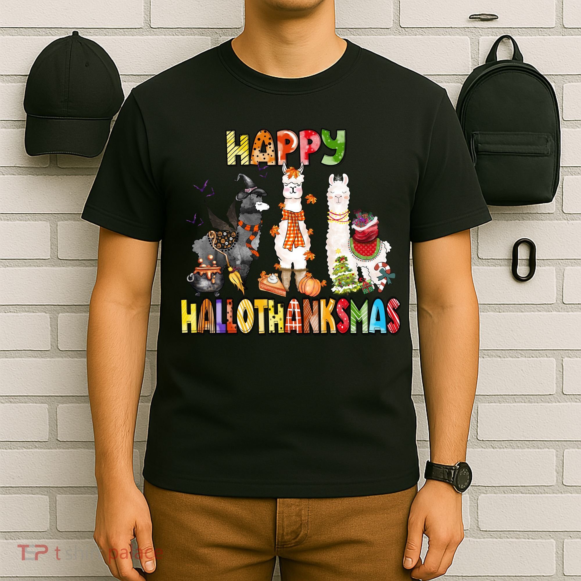 Llama Happy Hallothanksmas Halloween Thanksgiving Xmas T-Shirt