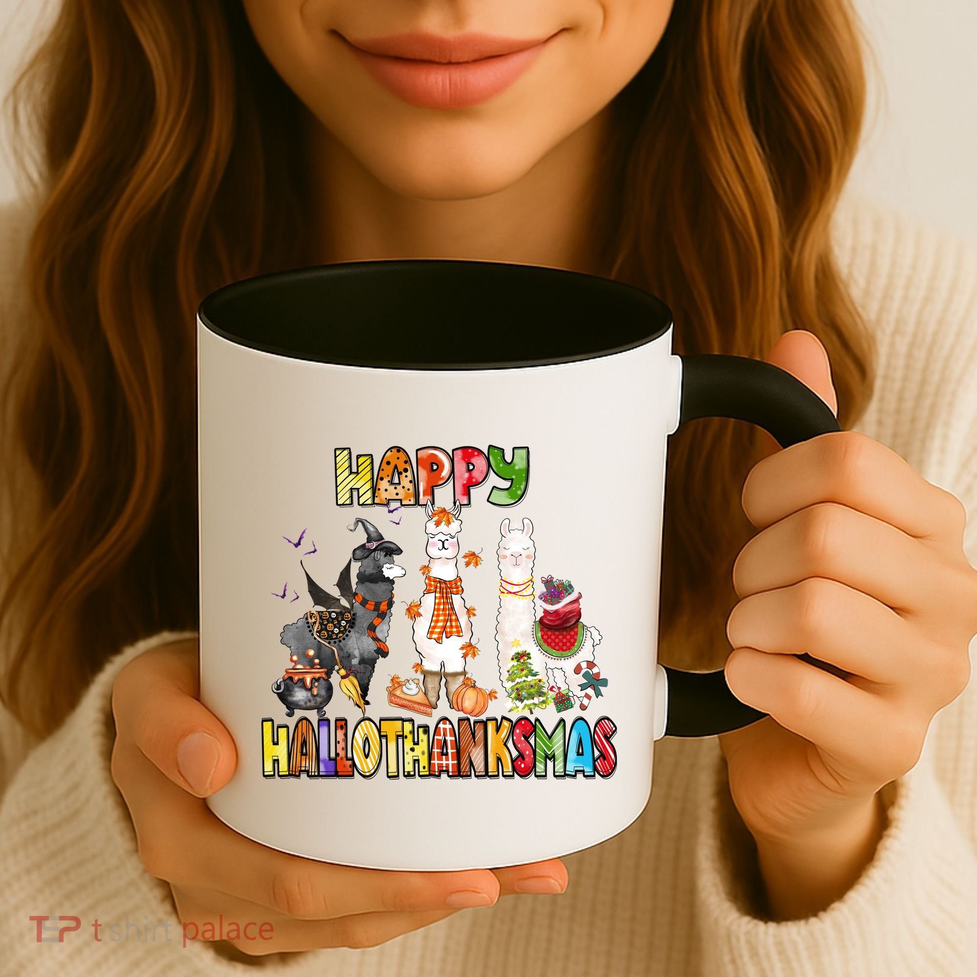 Llama Happy Hallothanksmas Halloween Thanksgiving Xmas Coffee Mug
