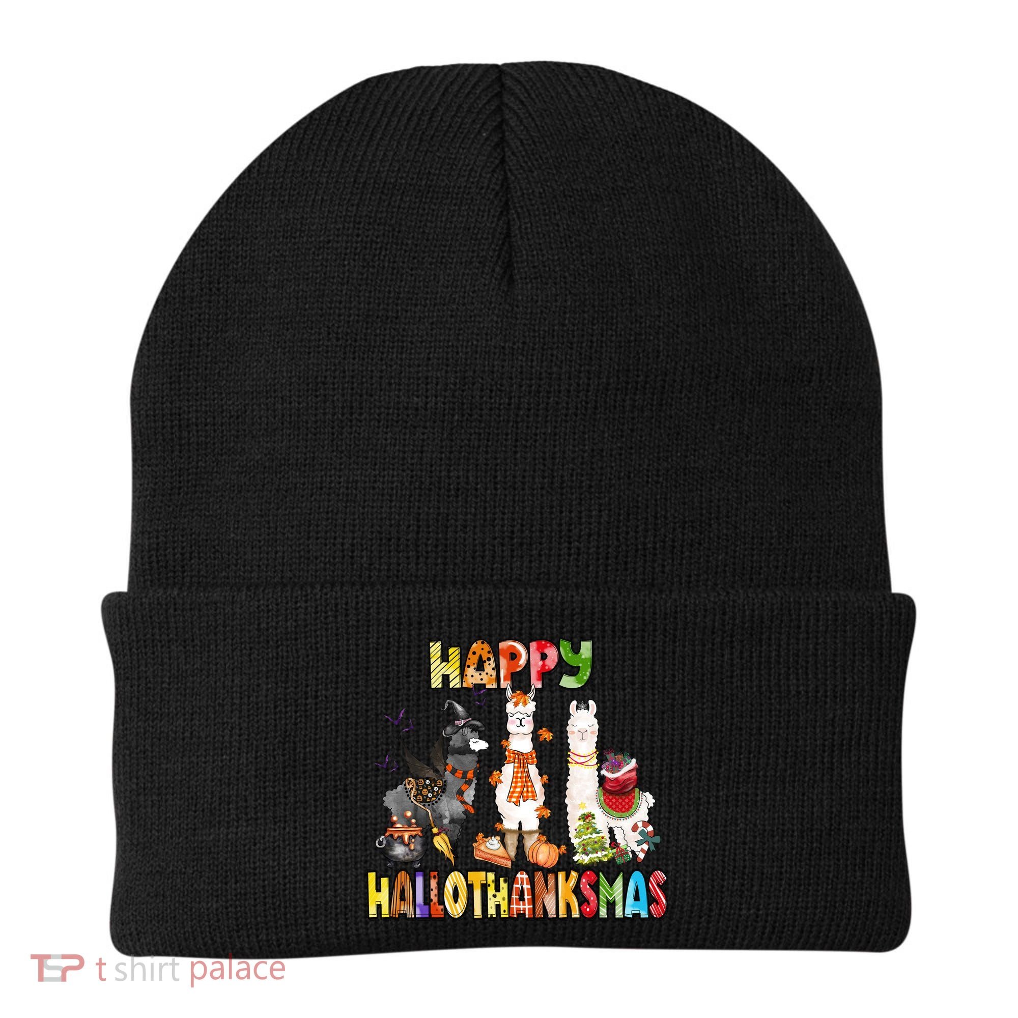 Llama Happy Hallothanksmas Halloween Thanksgiving Xmas Beanie
