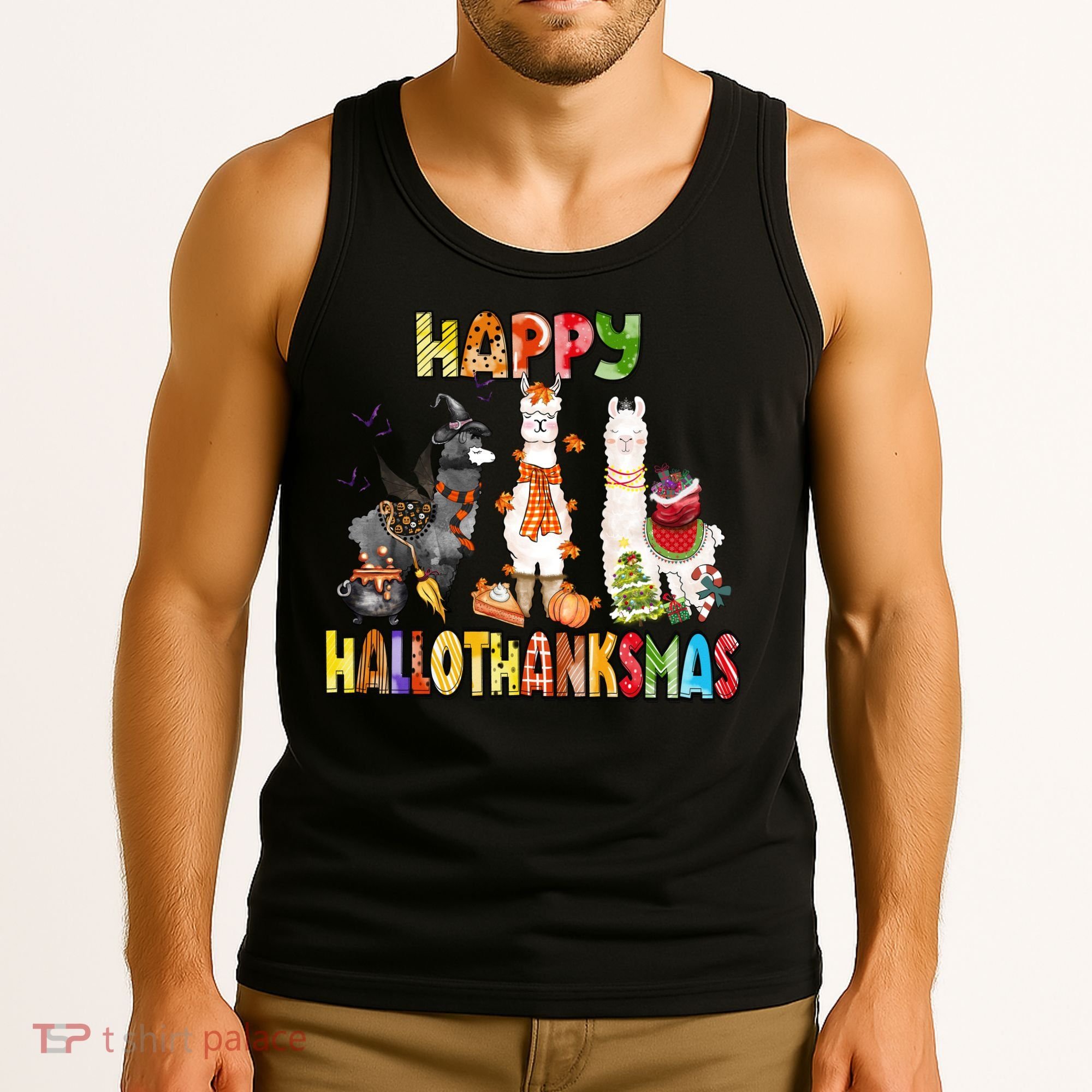 Llama Happy Hallothanksmas Halloween Thanksgiving Xmas Tank Top