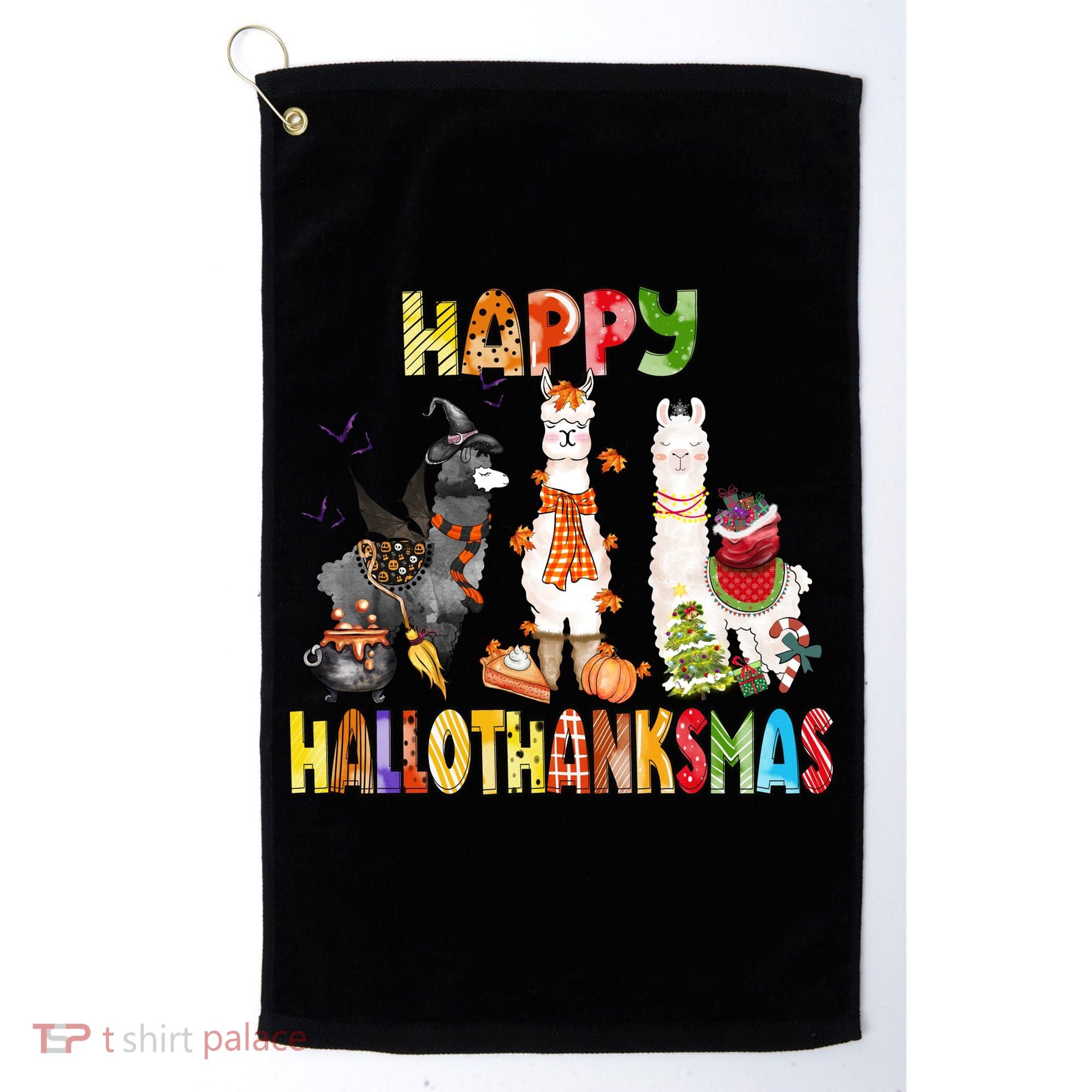 Llama Happy Hallothanksmas Halloween Thanksgiving Xmas Golf Towel