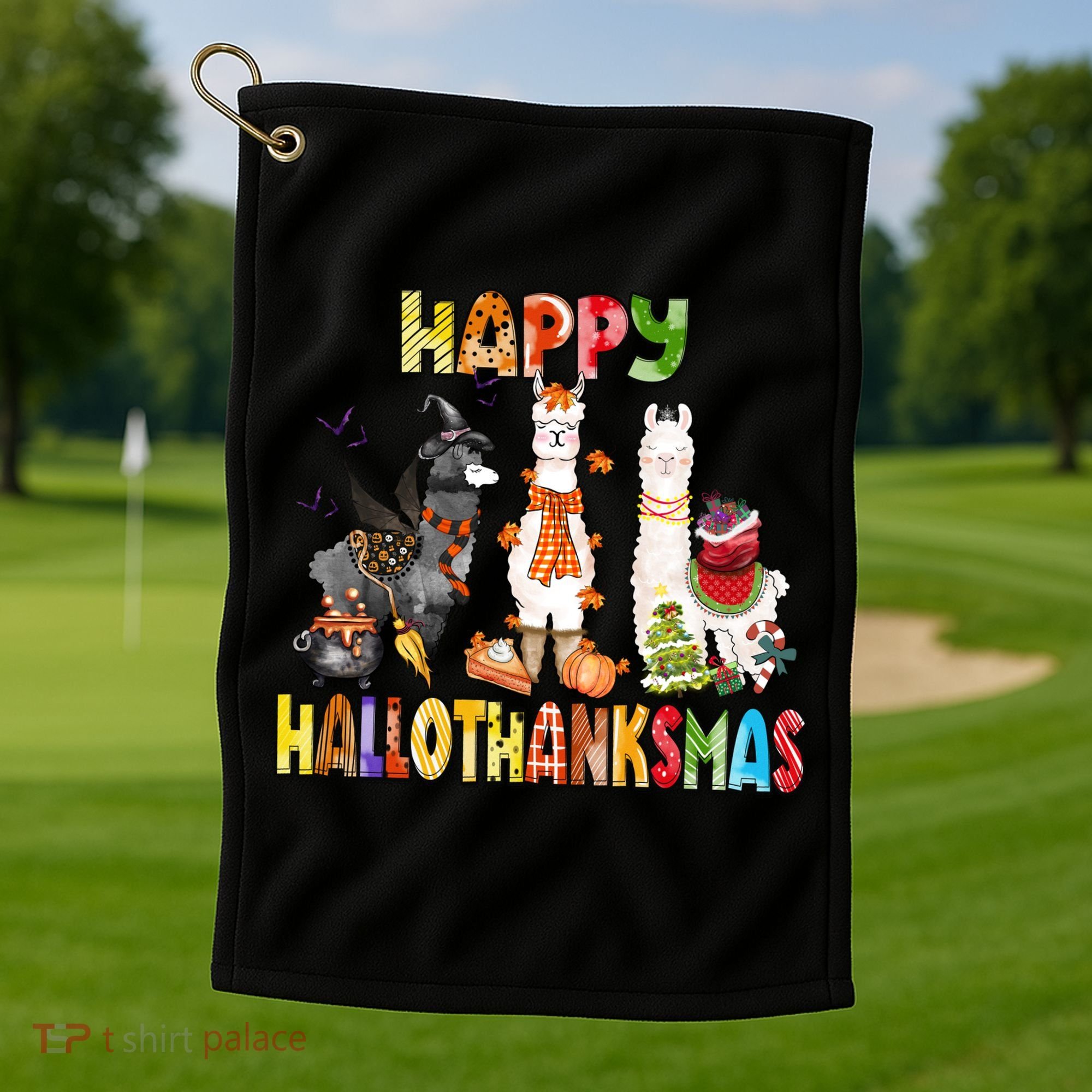 Llama Happy Hallothanksmas Halloween Thanksgiving Xmas Golf Towel