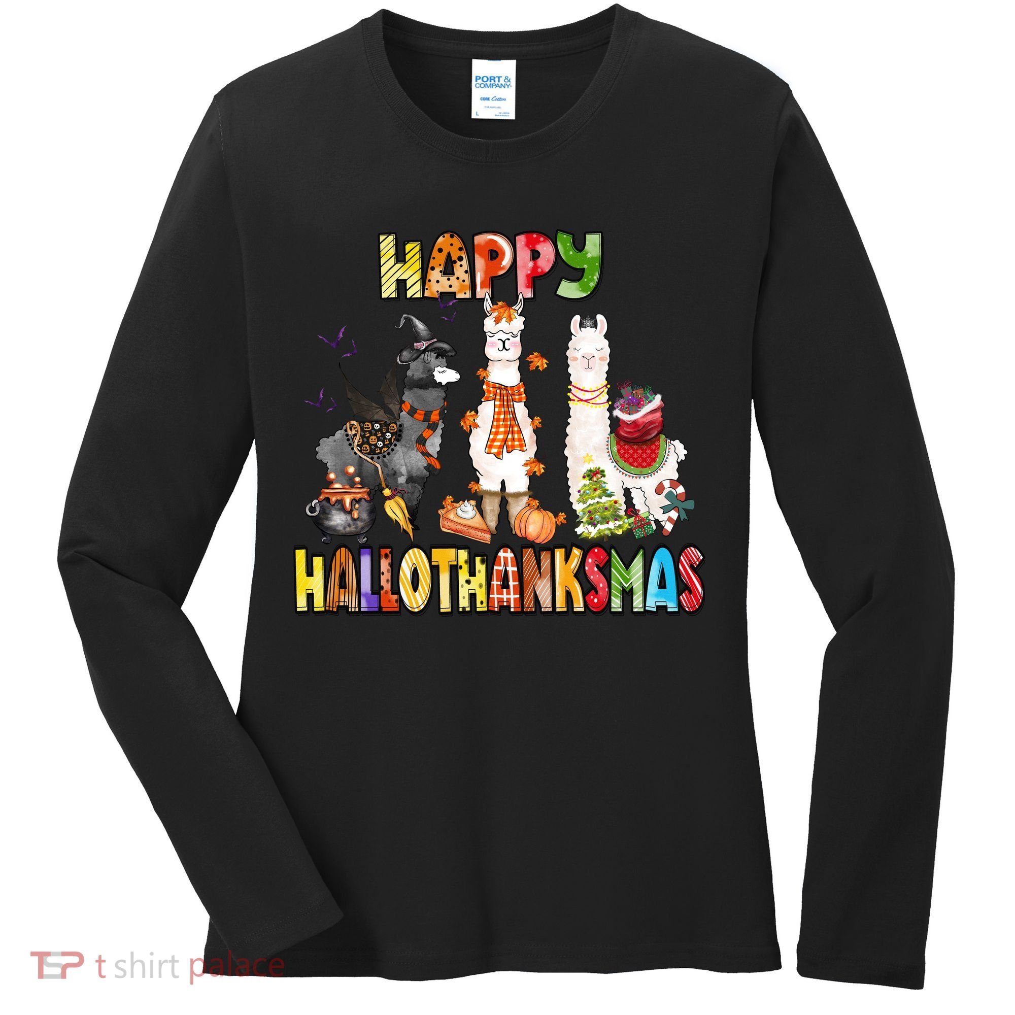 Llama Happy Hallothanksmas Halloween Thanksgiving Xmas Women's Long Sleeve Shirt
