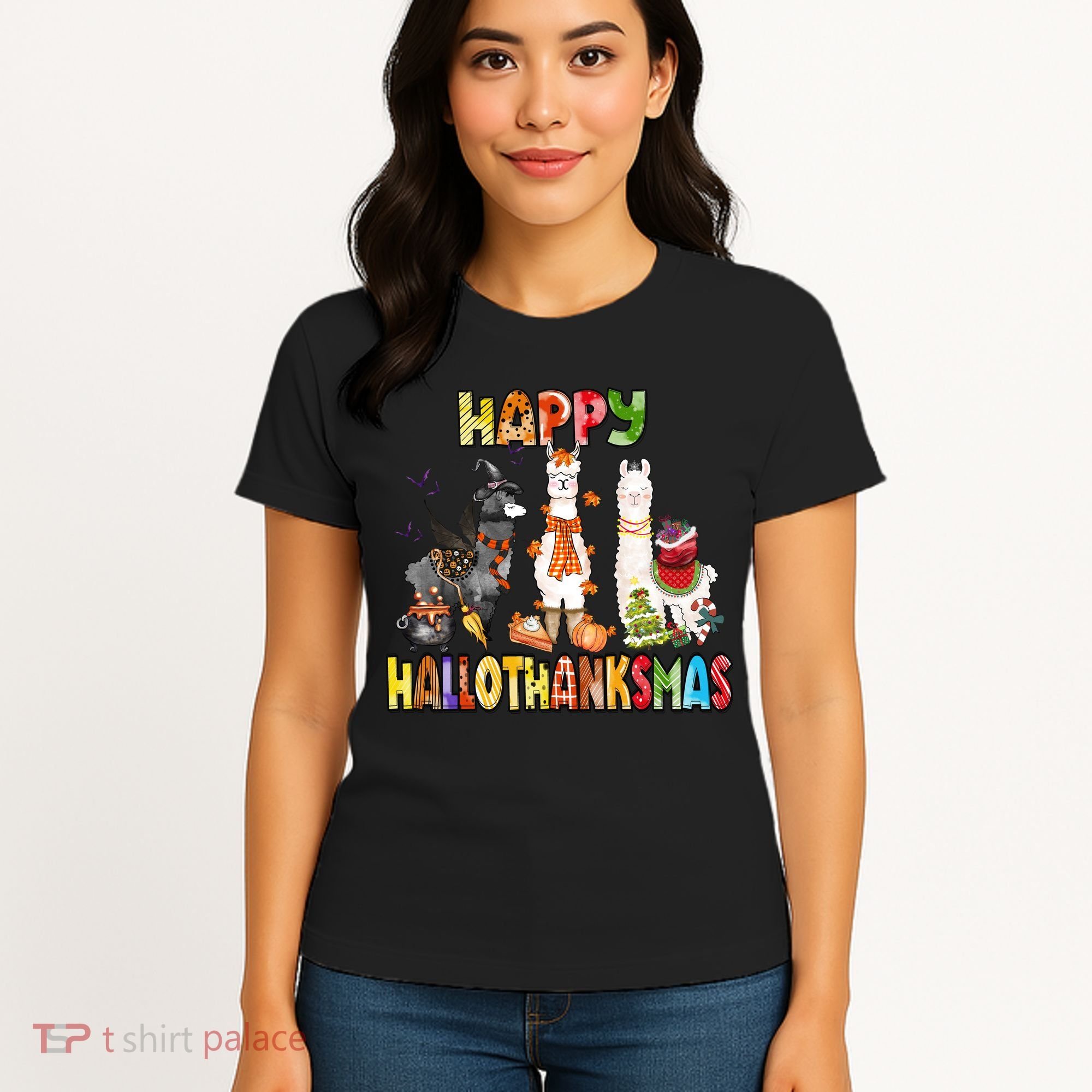 Llama Happy Hallothanksmas Halloween Thanksgiving Xmas Women's T-Shirt