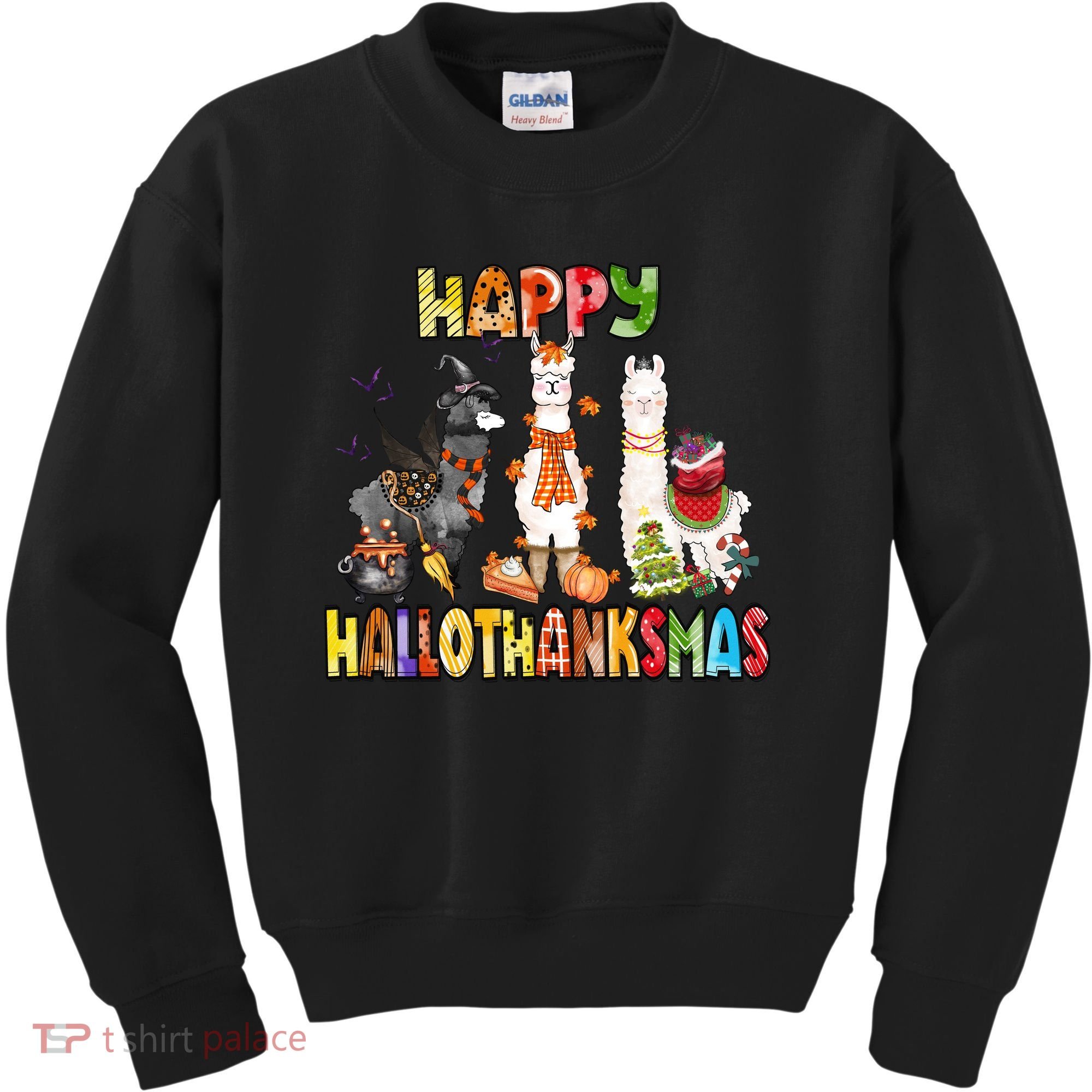 Llama Happy Hallothanksmas Halloween Thanksgiving Xmas Kids Sweatshirt